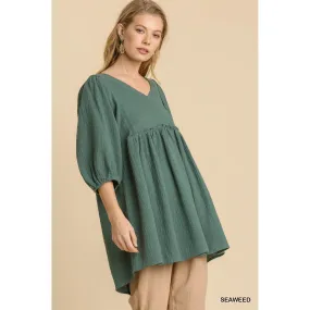 Gauze Slub V-neck Frayed Edge Detail Tunic Dress