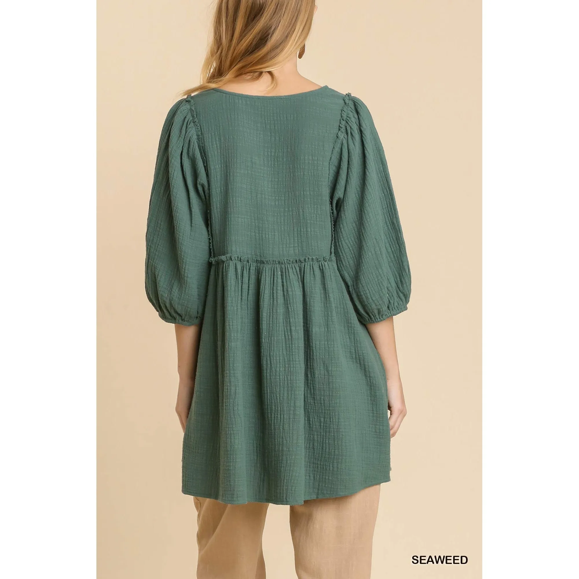 Gauze Slub V-neck Frayed Edge Detail Tunic Dress