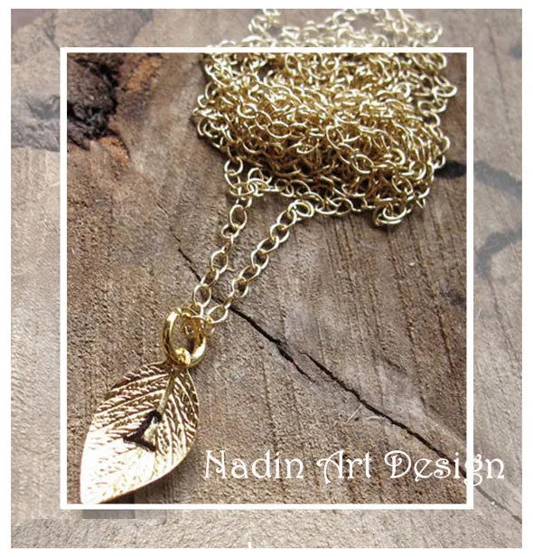 Gold Initial Leaf with Birthstone