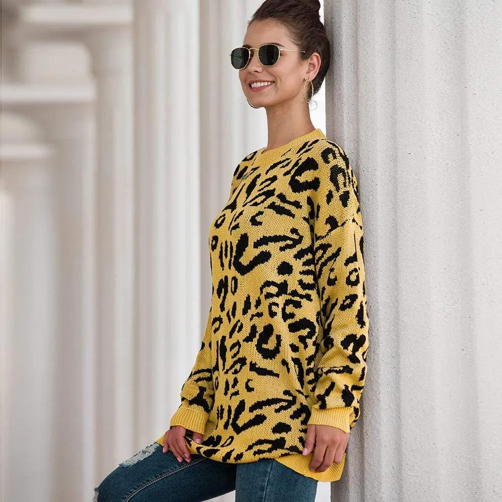 Haute Edition Leopard Print Tunic Length Crew Neck Pullover Thick Knit Sweater