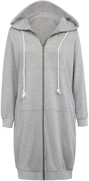 Haute Edition Women's Tunic Long Length Full Zip Hooded Sweatshirt Hoodie