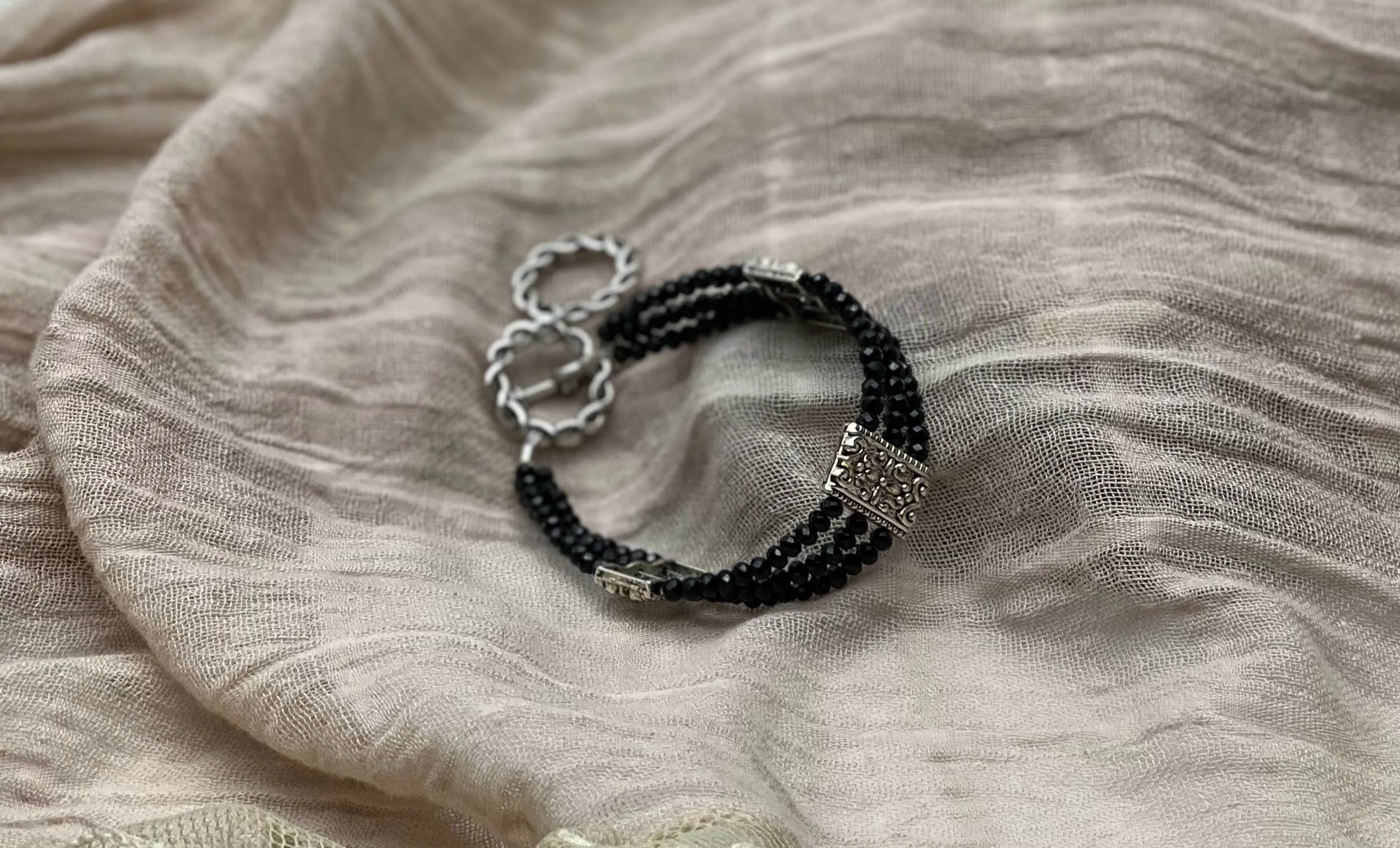 Jet Black Crystal Triple Strand Bracelet