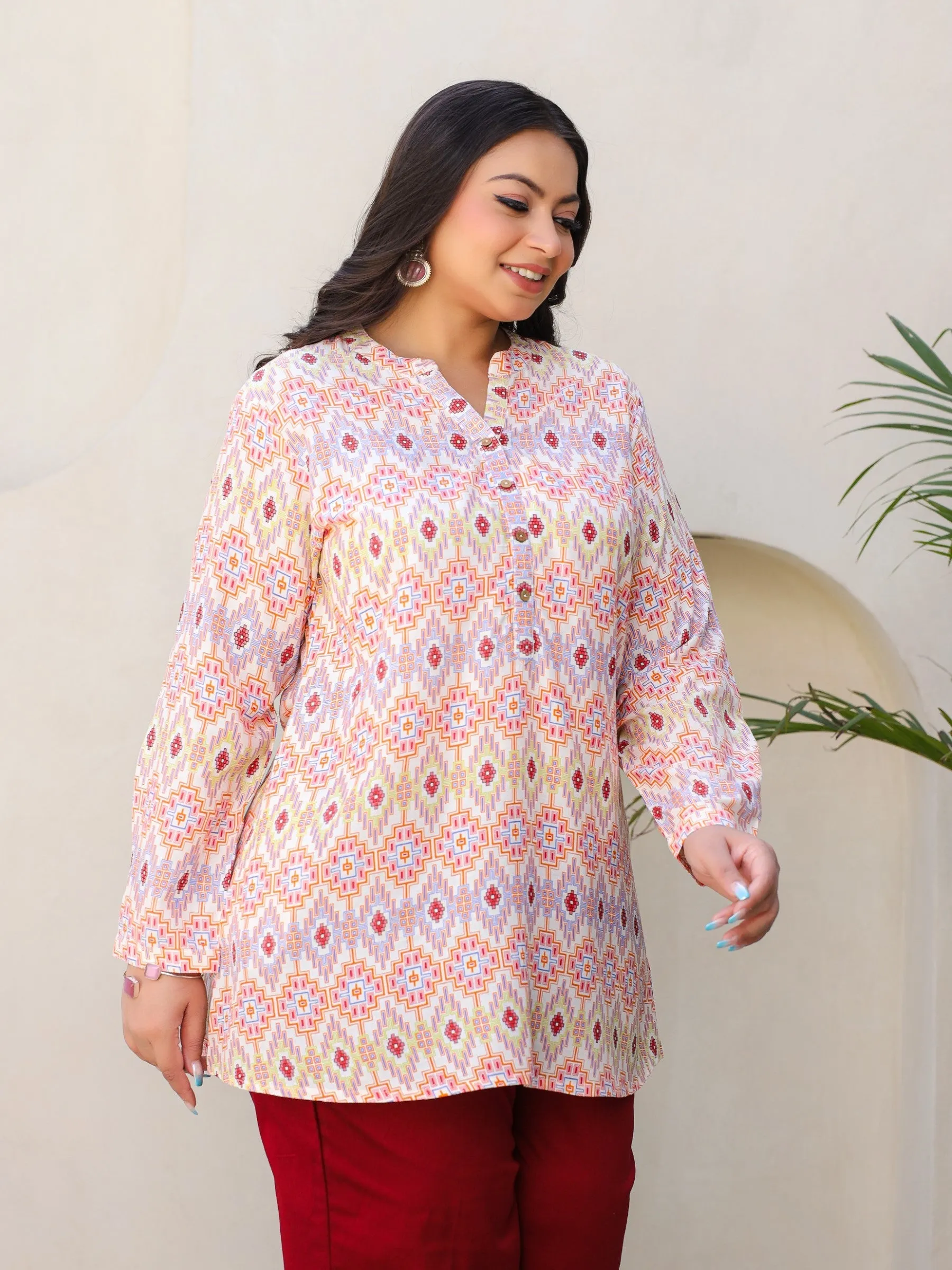 Juniper Ivory Geometric Printed A-Line Rayon Plus Size Tunic