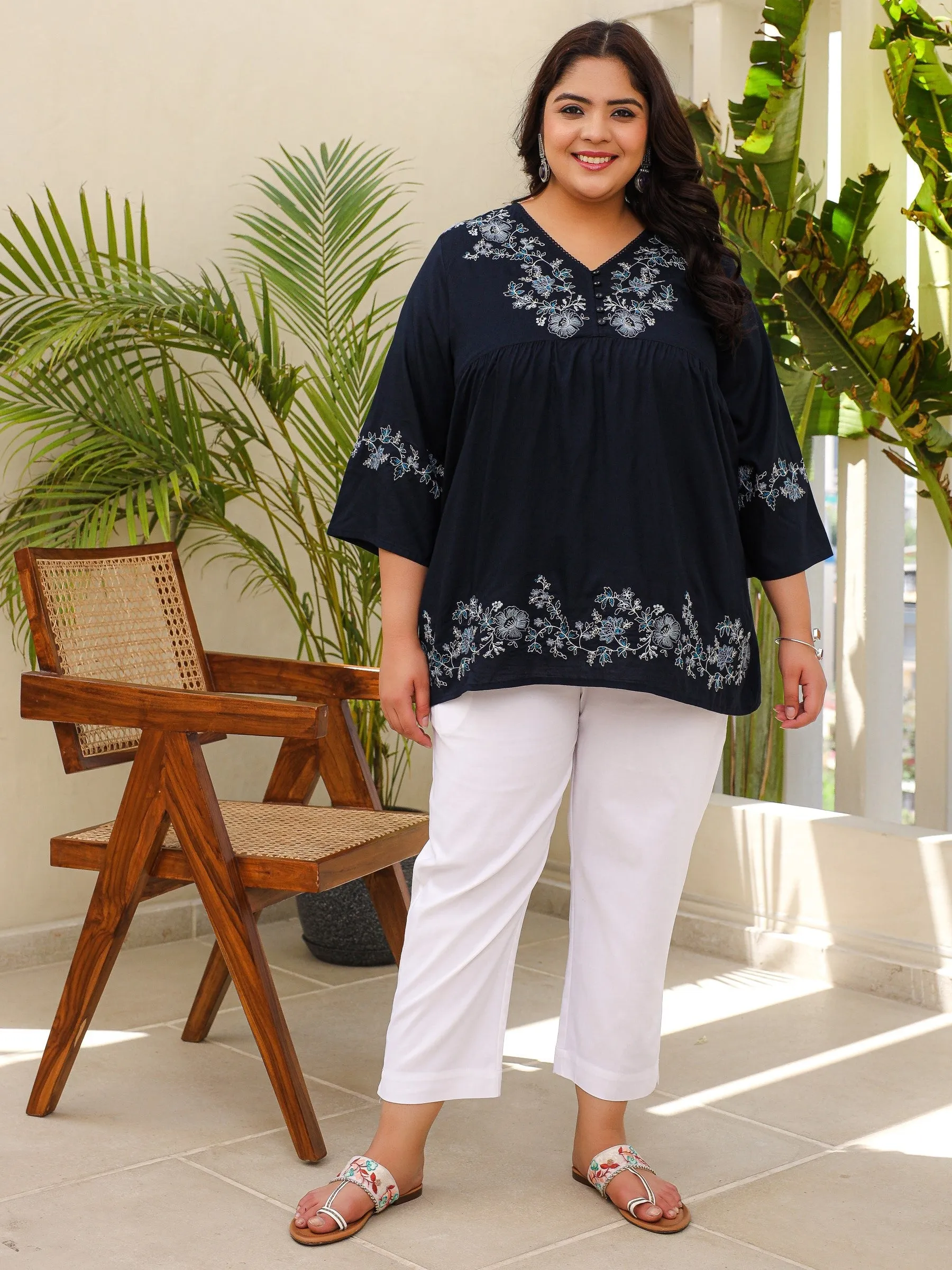 Juniper Navy Blue Modal Rayon Floral Embroidered Alia Cut Plus Size Tunic