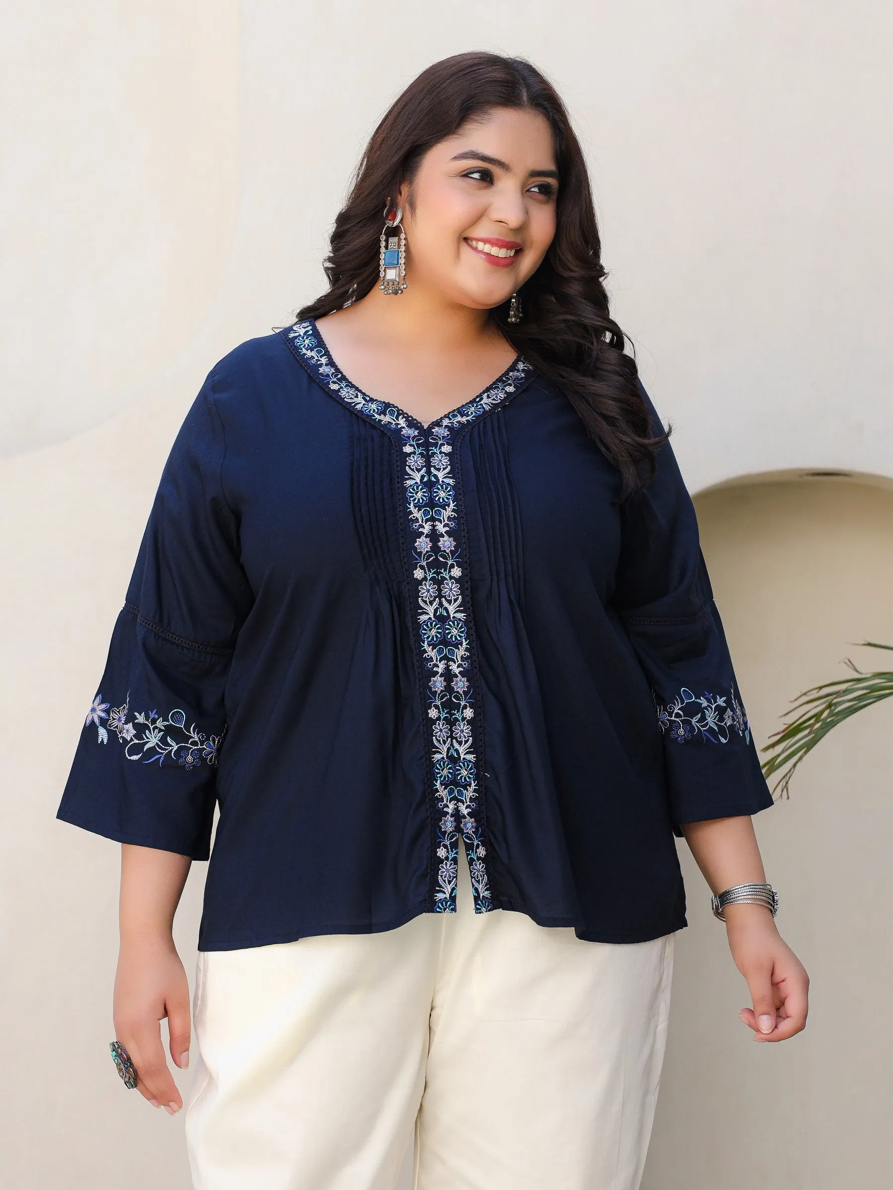 Juniper Navy Blue Modal Rayon Floral Embroidered Plus Size Tunic With Pintucks At Front