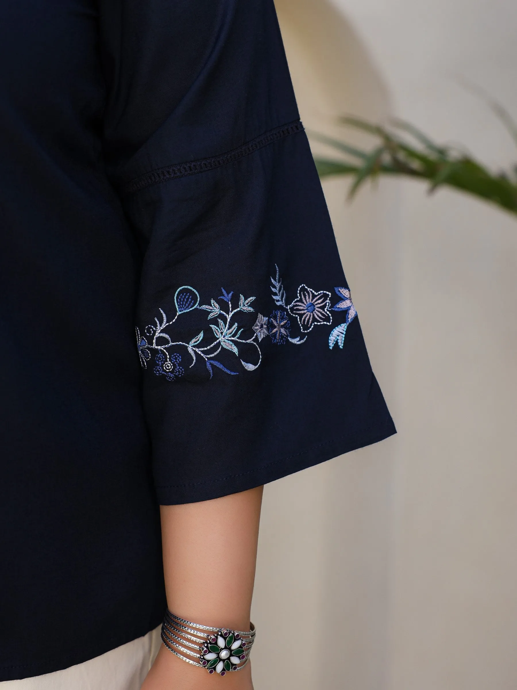 Juniper Navy Blue Modal Rayon Floral Embroidered Plus Size Tunic With Pintucks At Front