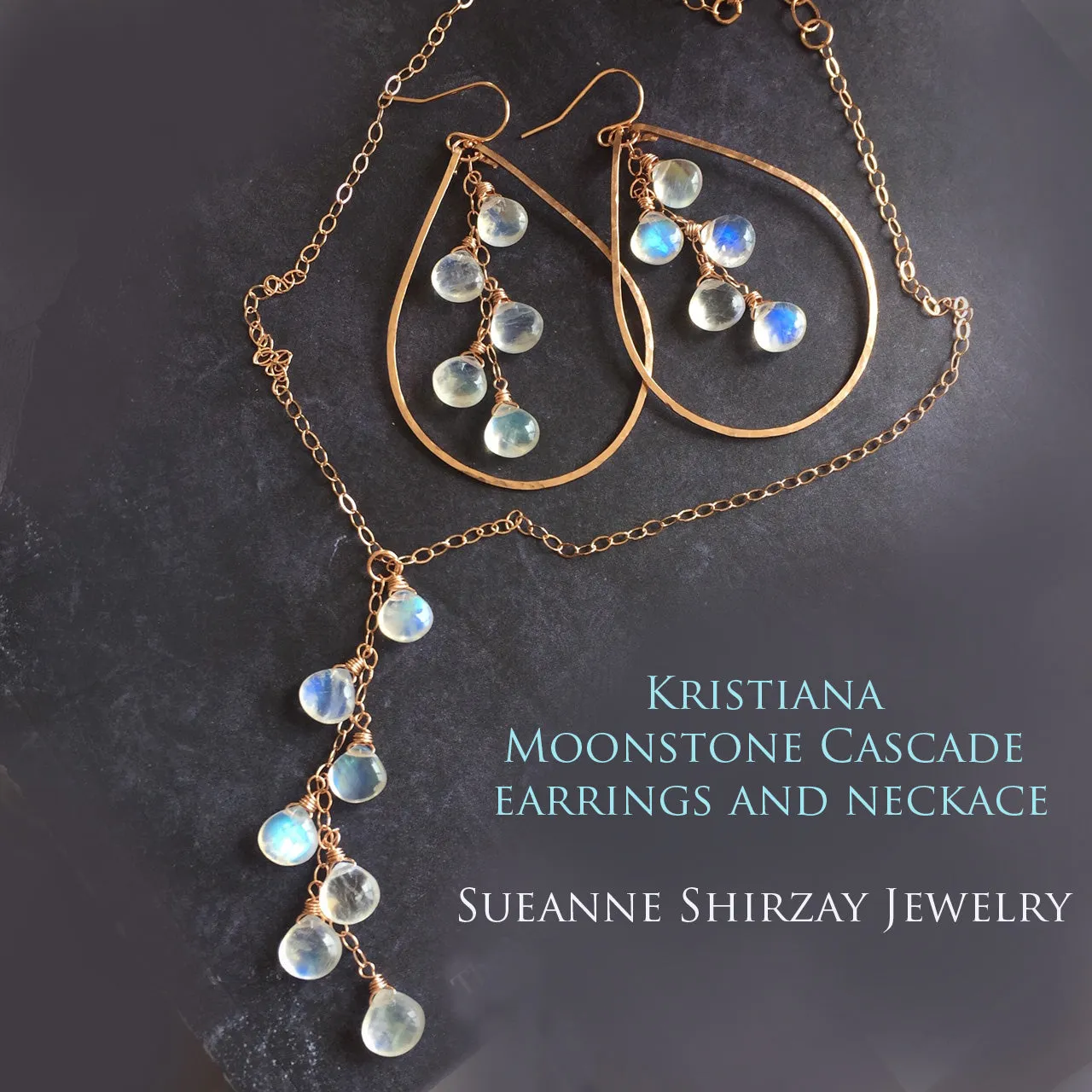 Kristiana Moonstone Cascade Earrings, Rose Gold filled, Yellow Gold Filled, or Sterling Silver Metal Choices