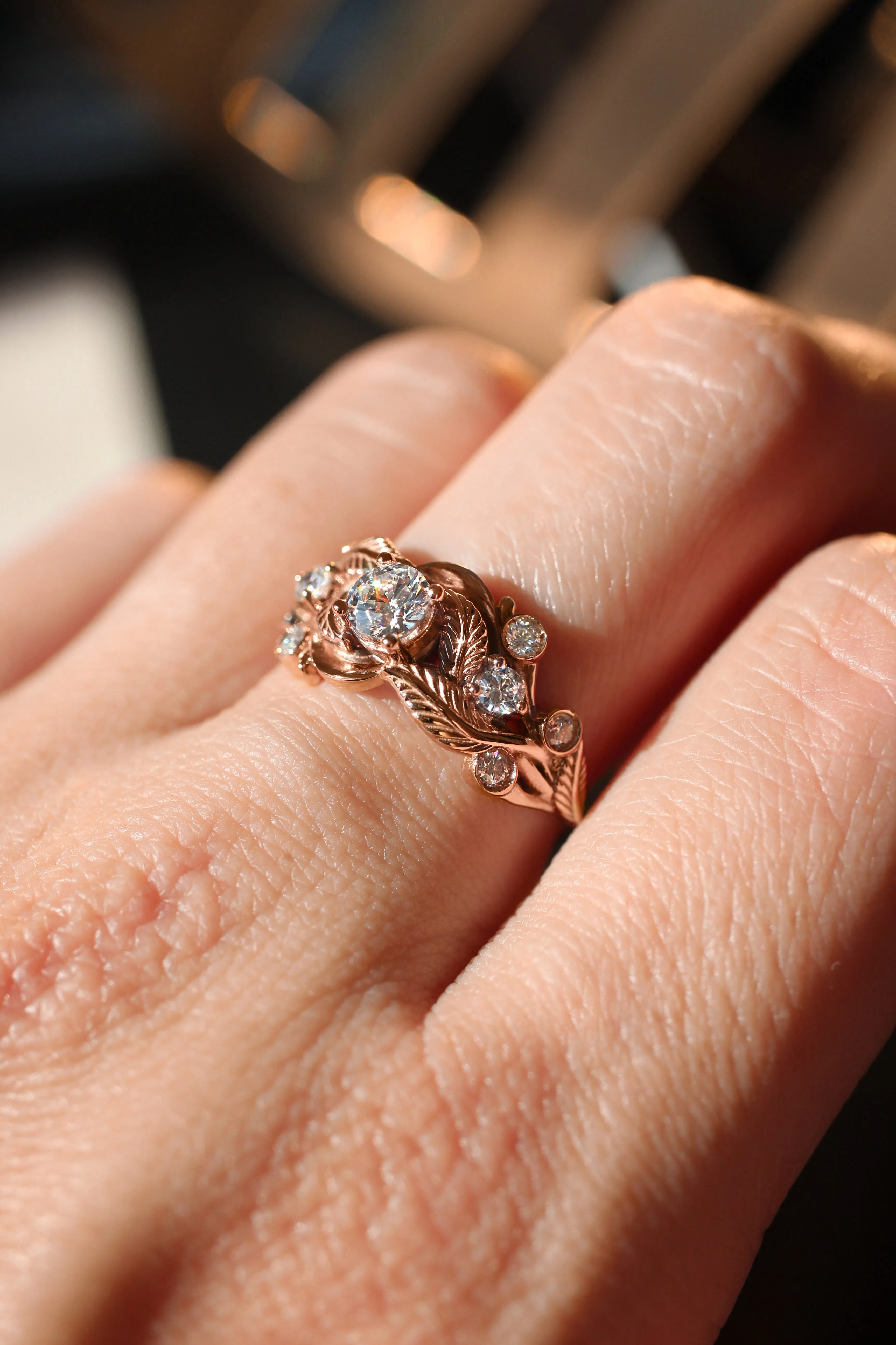 Leaf engagement ring with diamonds / Emilia