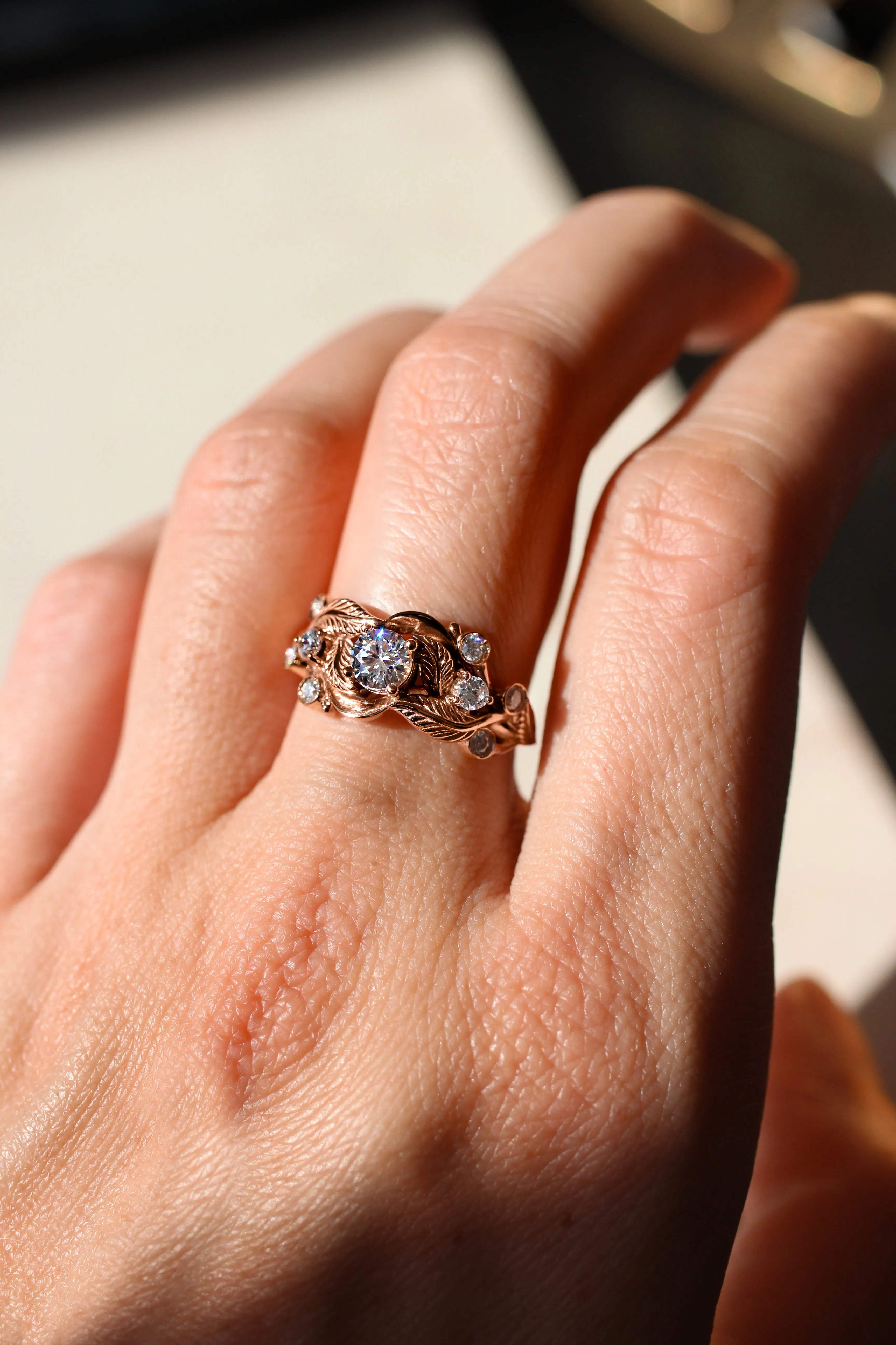 Leaf engagement ring with diamonds / Emilia