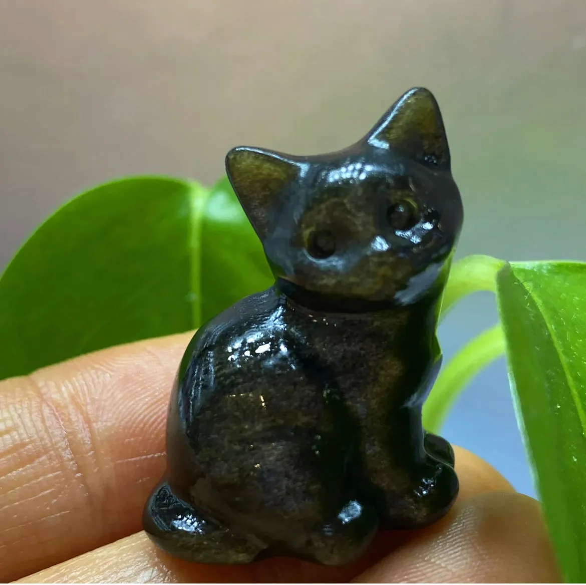 Natural Gold Obsidian gemstone Carved Crystal Kitty Figurine