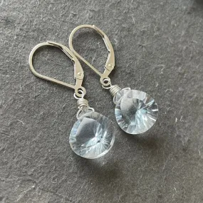 Pale Blue Ice Laser Cut Quartz Heart Dangle Earrings