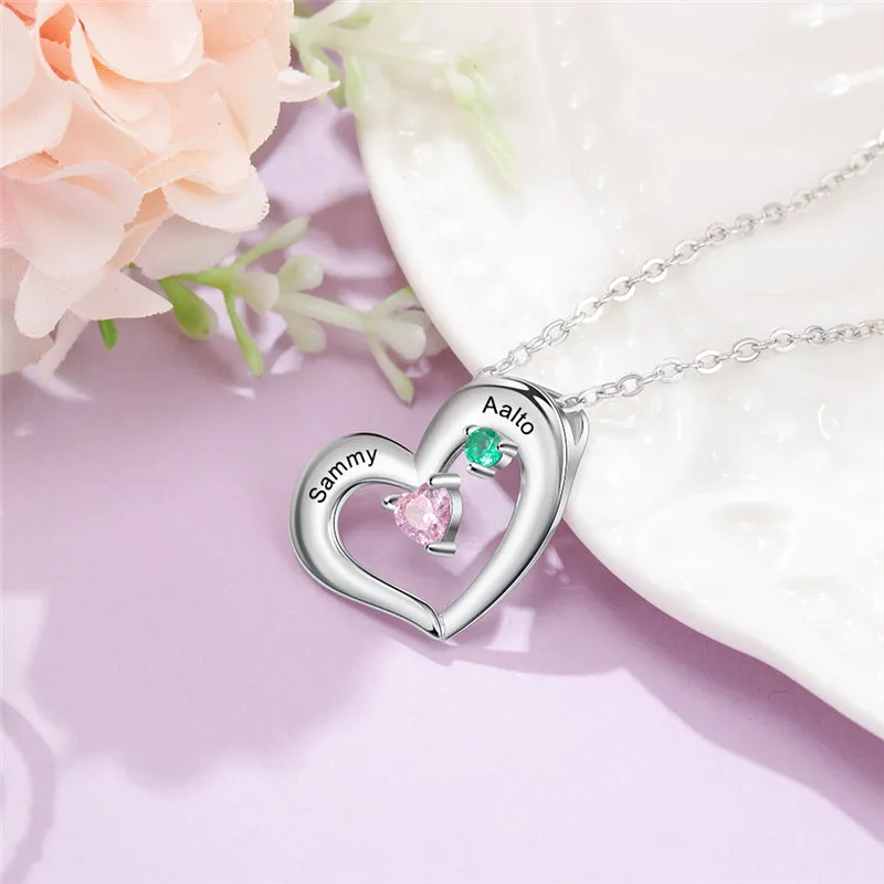 Personalized 2 Stone Leaning Heart Mother's Necklace or Girlfriend Necklace