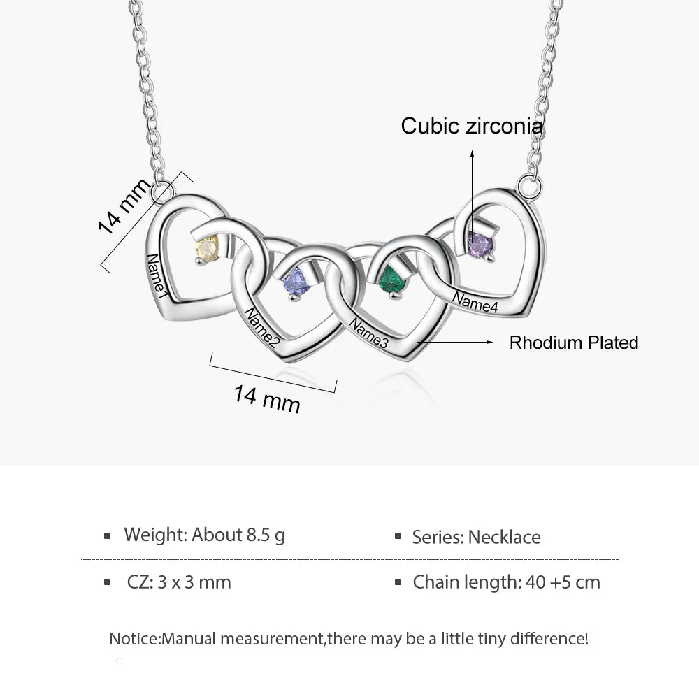 Personalized 4 Hearts Mother's Necklace 4 Stone 4 Engraved Names