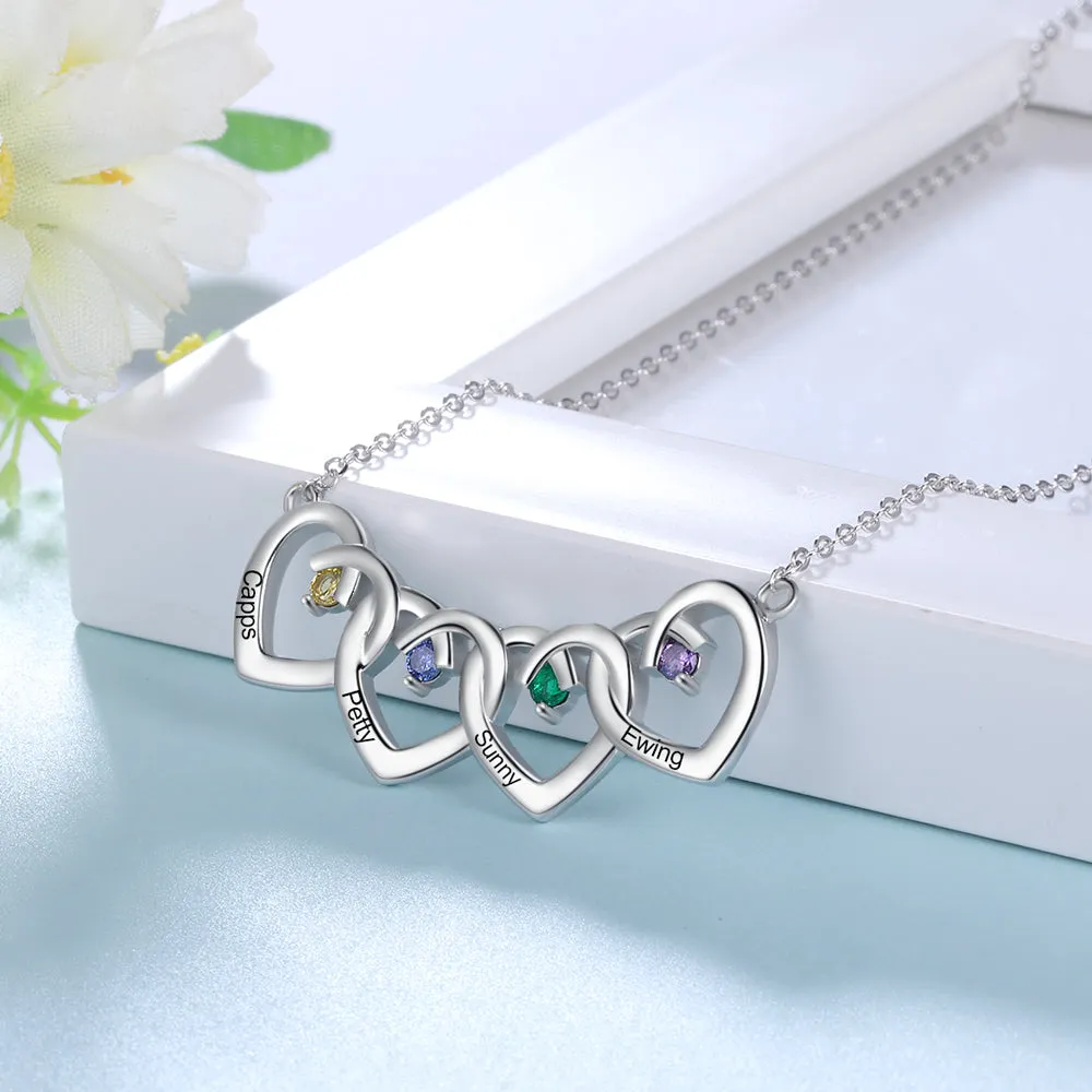 Personalized 4 Hearts Mother's Necklace 4 Stone 4 Engraved Names