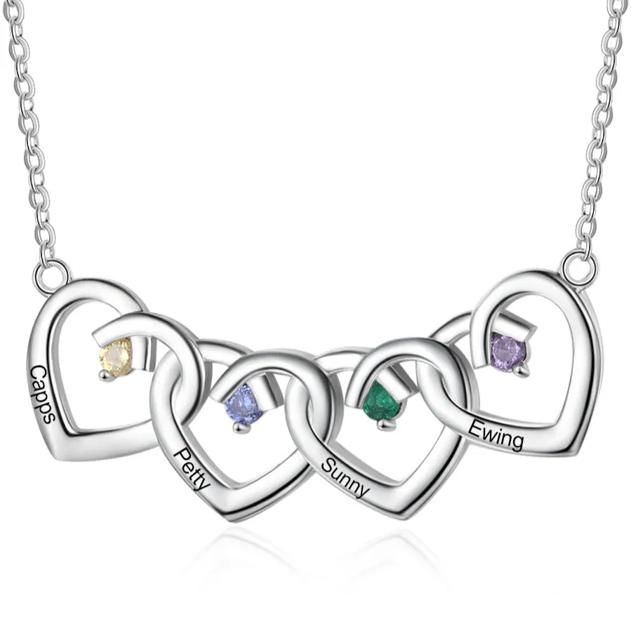 Personalized 4 Hearts Mother's Necklace 4 Stone 4 Engraved Names