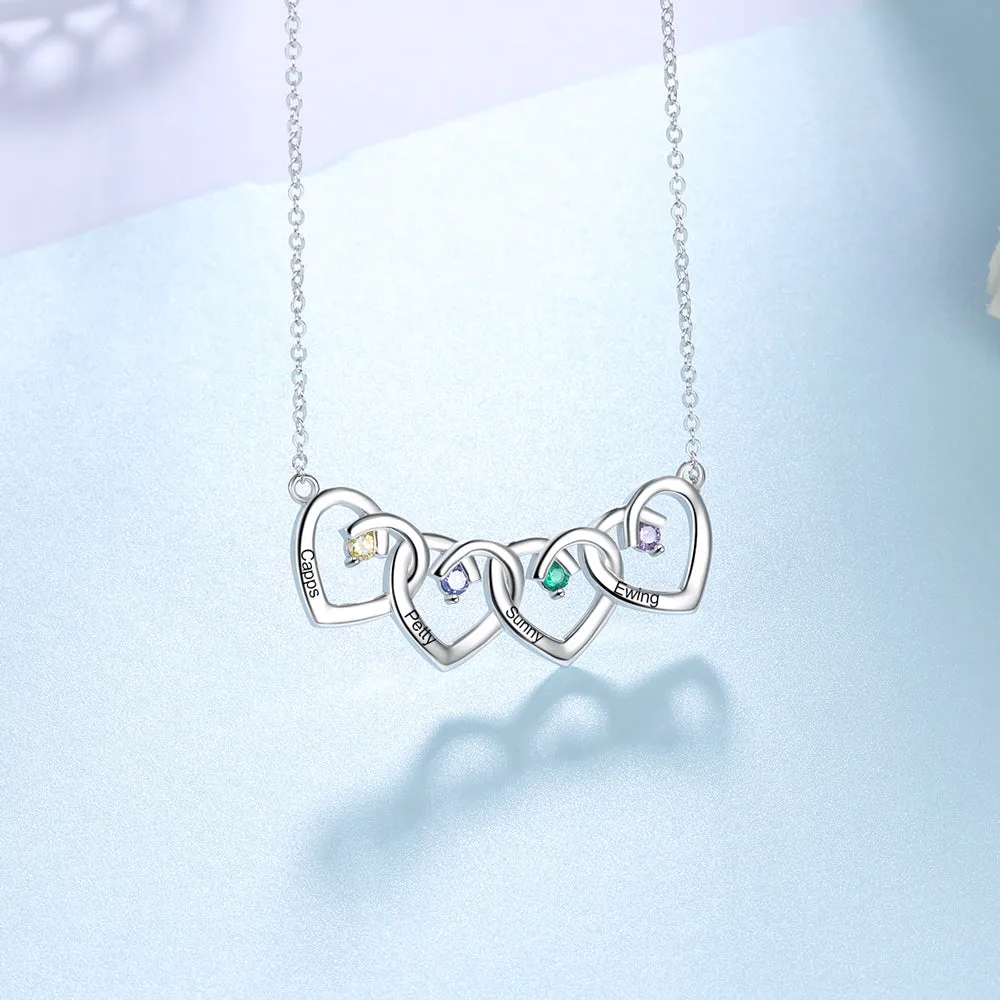 Personalized 4 Hearts Mother's Necklace 4 Stone 4 Engraved Names