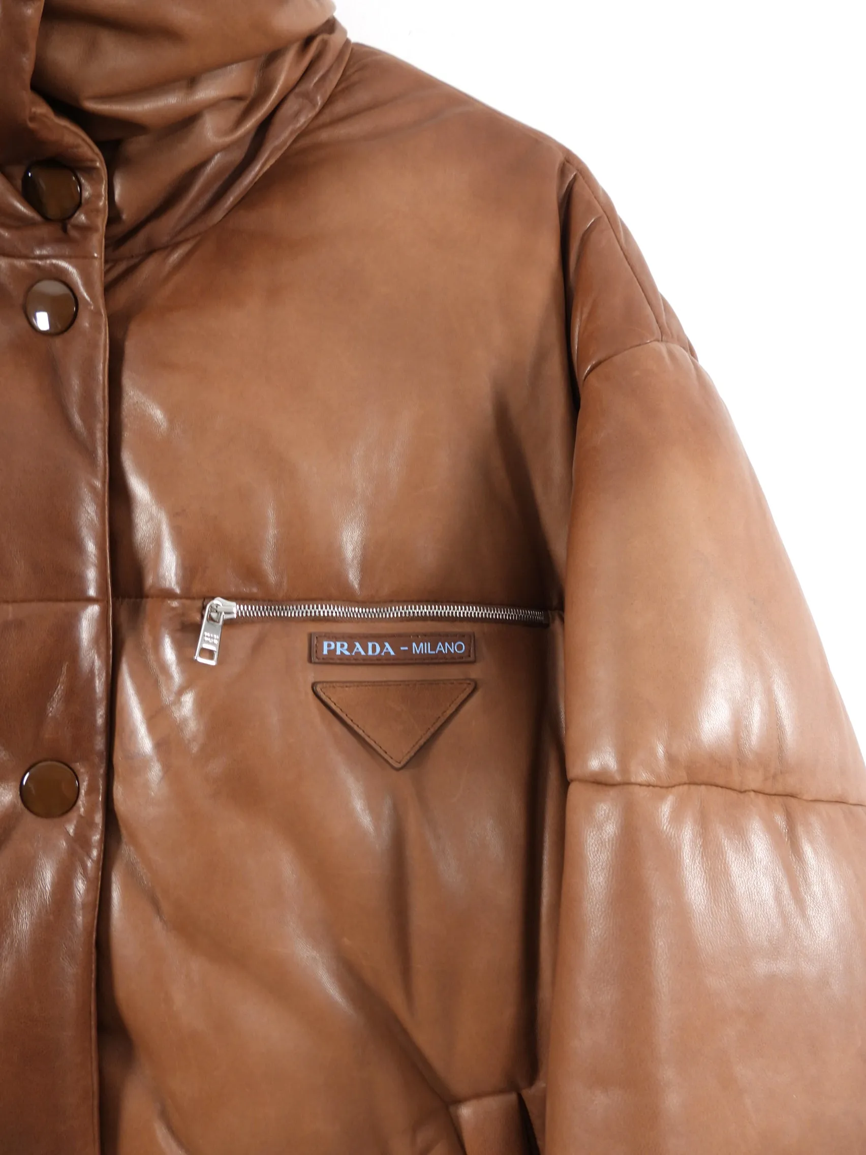 Prada Brown Leather Oversized Puffer Jacket - M