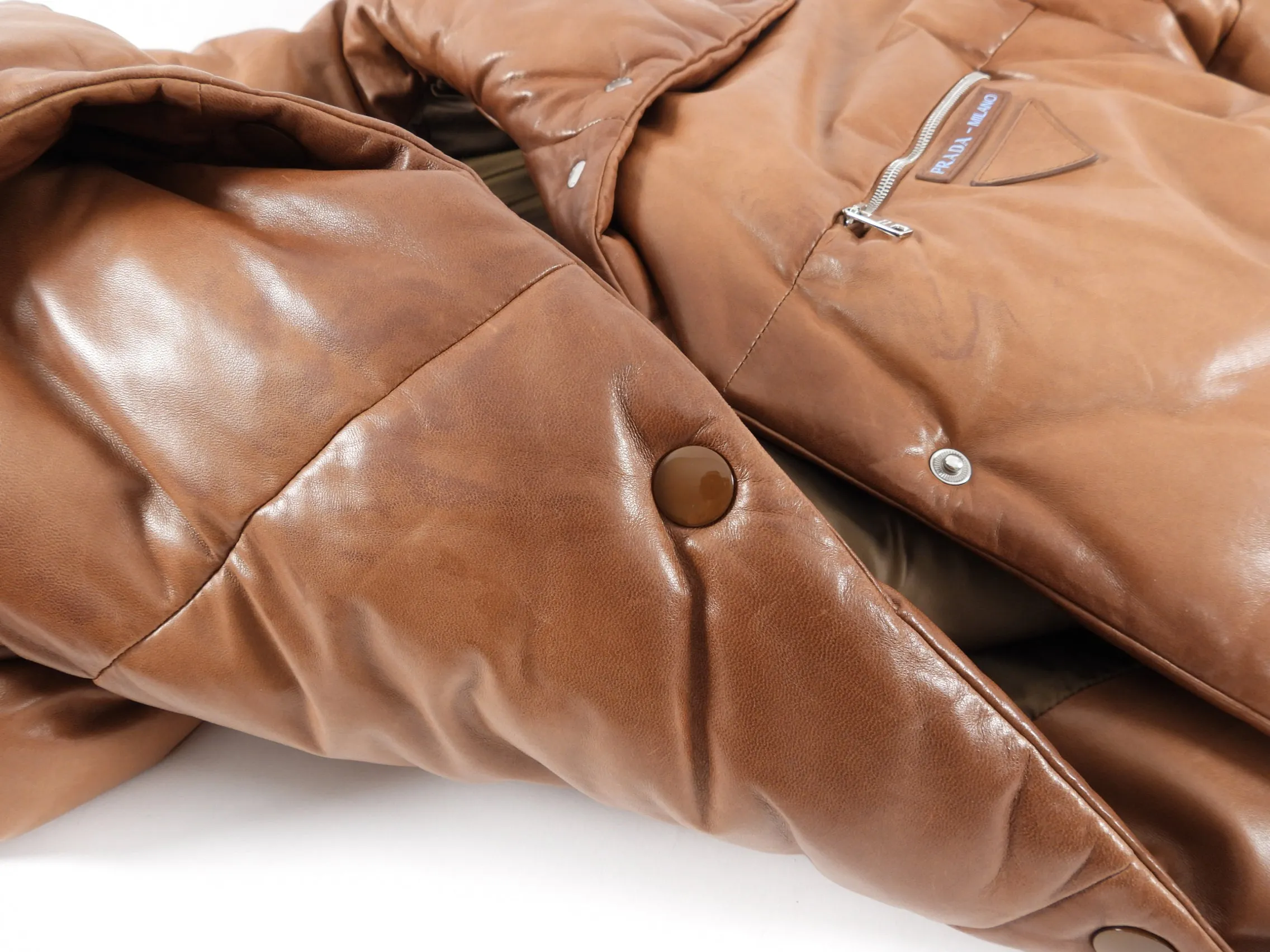 Prada Brown Leather Oversized Puffer Jacket - M