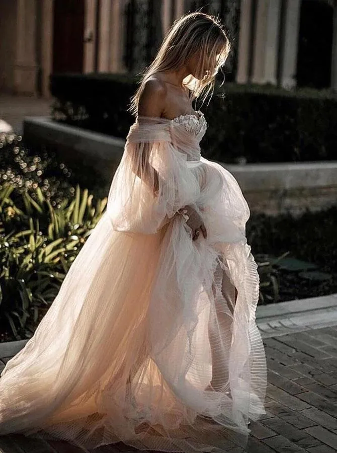 Princess Long Puff Sleeves Off the Shoulder Tulle Wedding Dresses, Beach Wedding Gowns STK15298