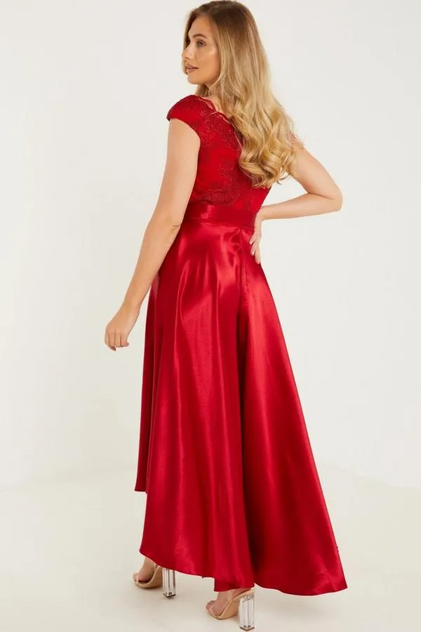 Red Satin Dip Hem Dress