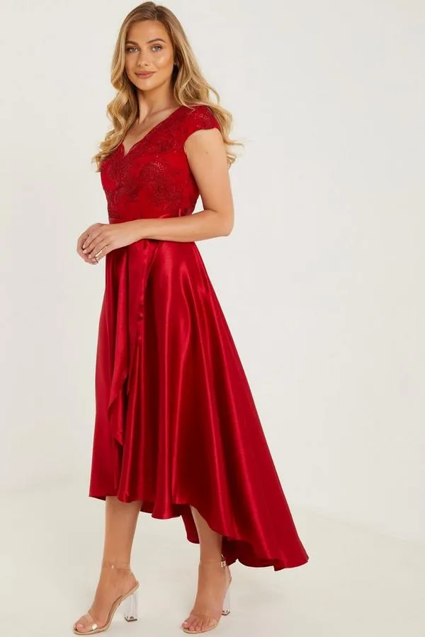 Red Satin Dip Hem Dress