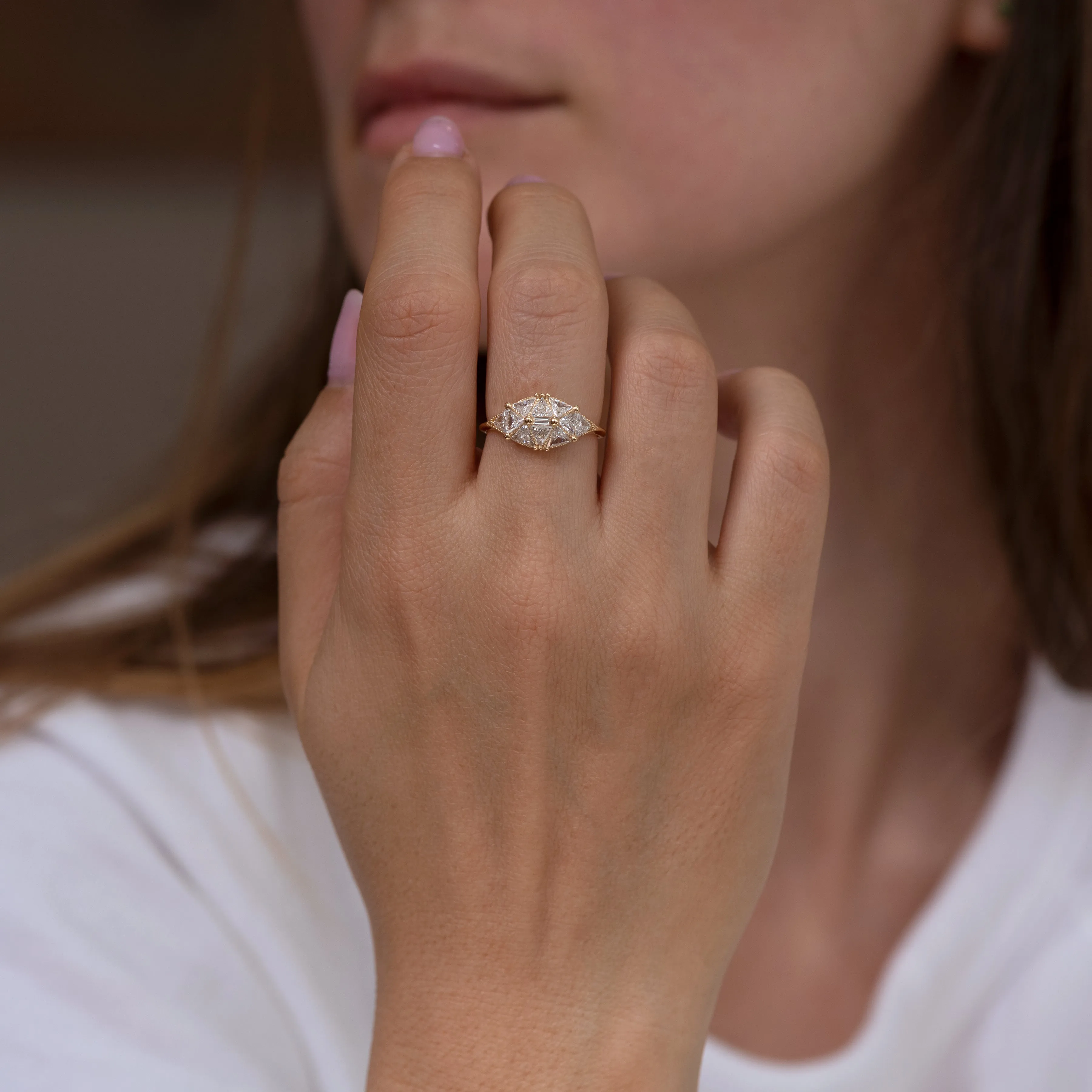 Reflective Dome Ring with Ten Triangle Cut Diamonds