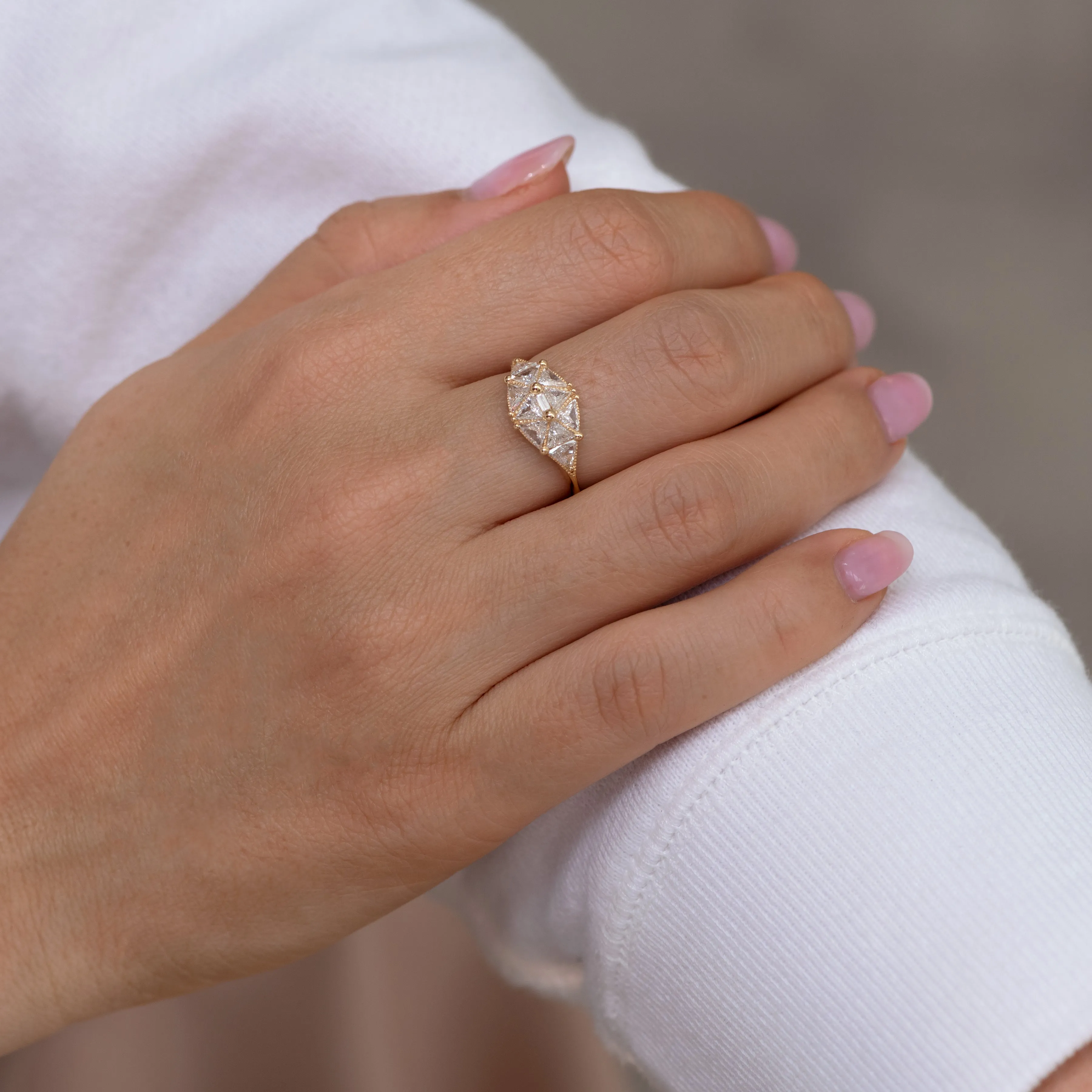 Reflective Dome Ring with Ten Triangle Cut Diamonds