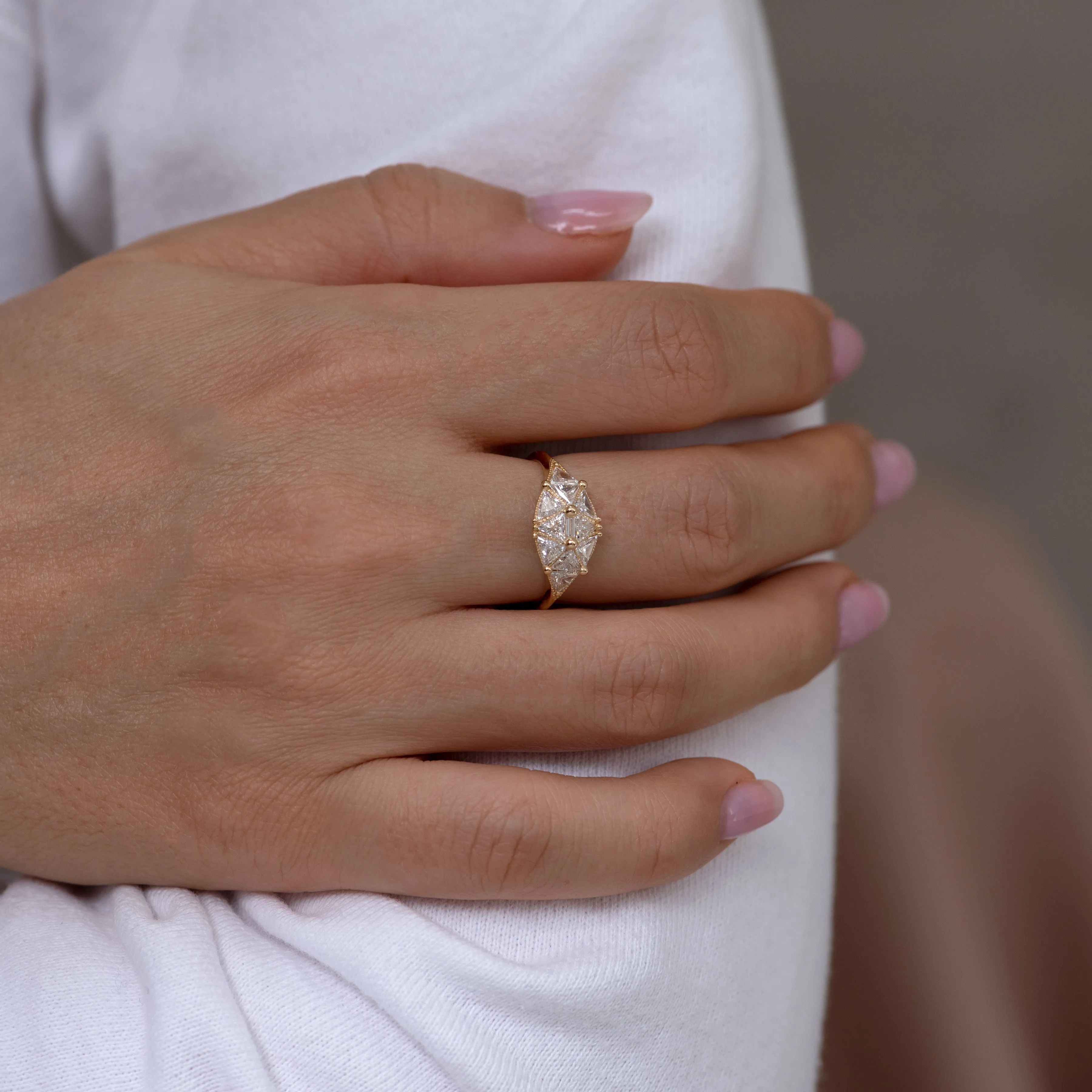 Reflective Dome Ring with Ten Triangle Cut Diamonds