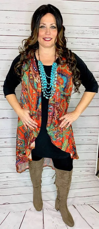 Rust Orange Paisley High Low Vest