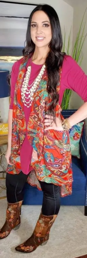 Rust Orange Paisley High Low Vest