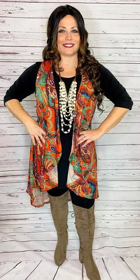 Rust Orange Paisley High Low Vest