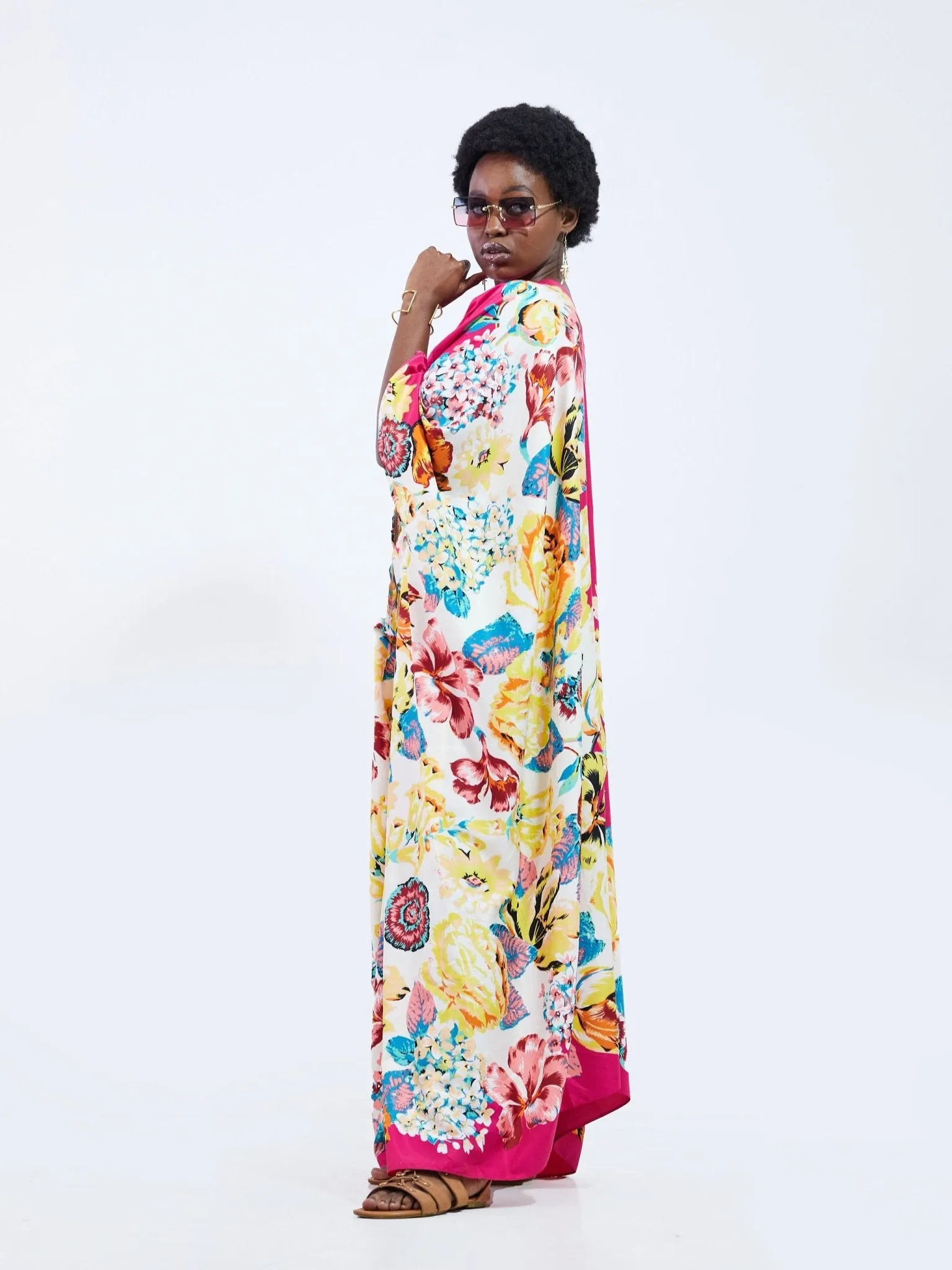 Sayuri V-Neck Boarder and Flower Print Kaftan - Pink