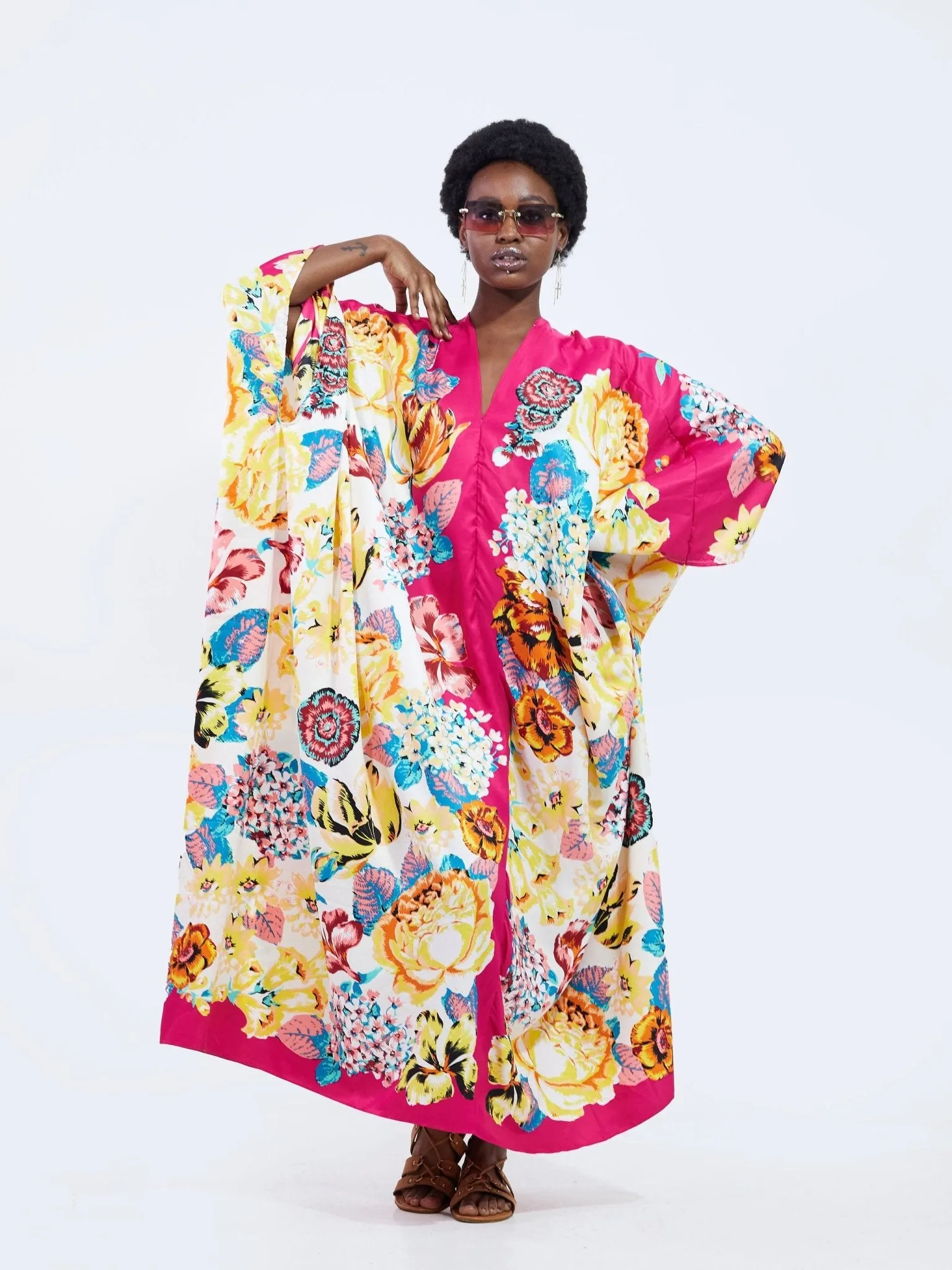 Sayuri V-Neck Boarder and Flower Print Kaftan - Pink