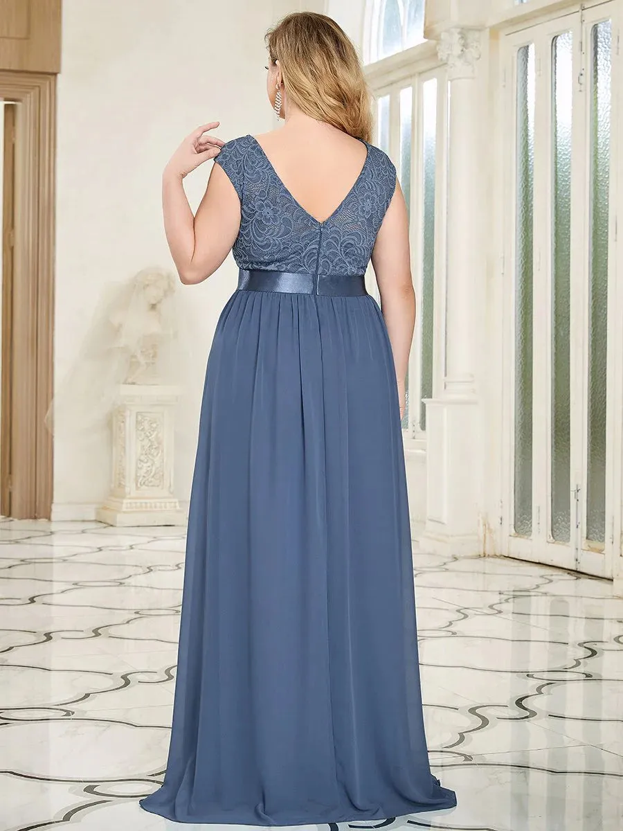 Scoop Neckline Low Back Lace Plus Size Evening Dress