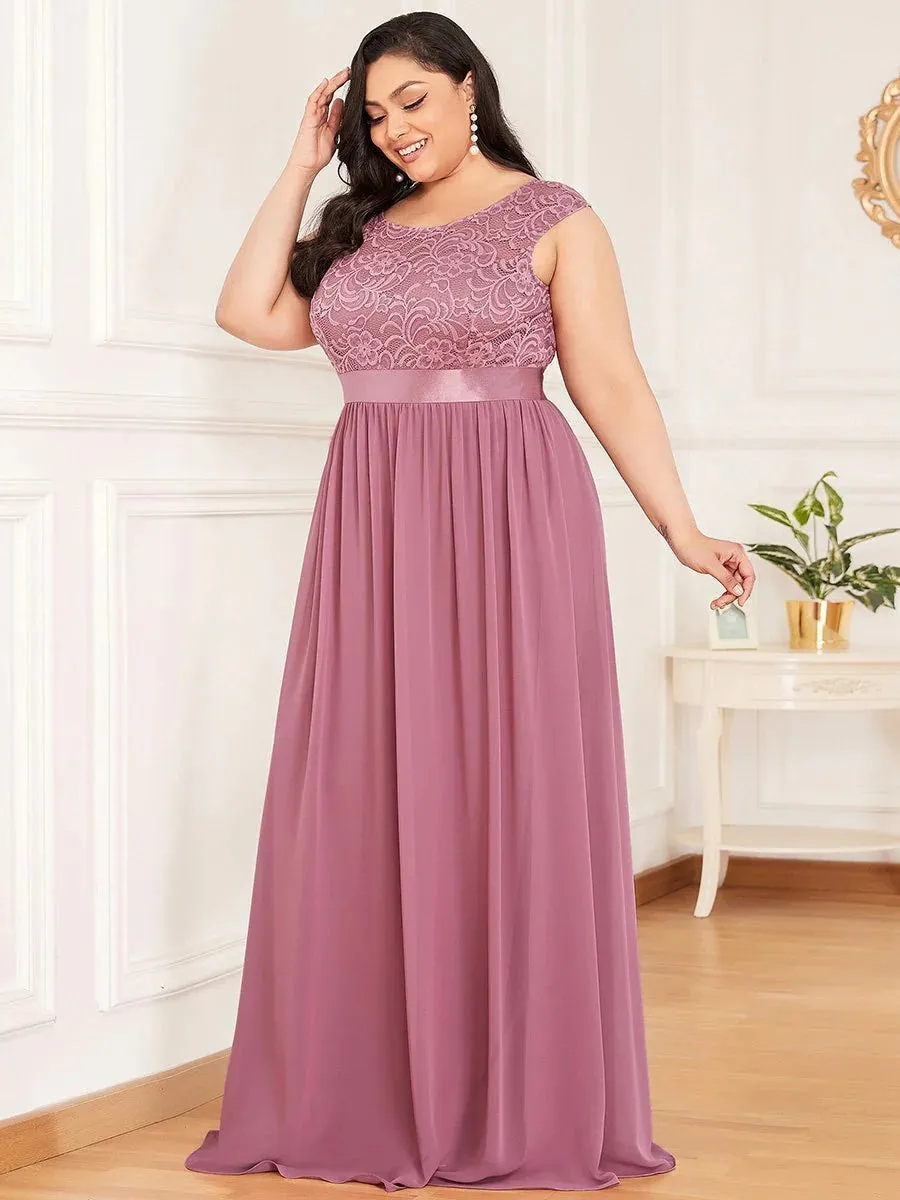 Scoop Neckline Low Back Lace Plus Size Evening Dress