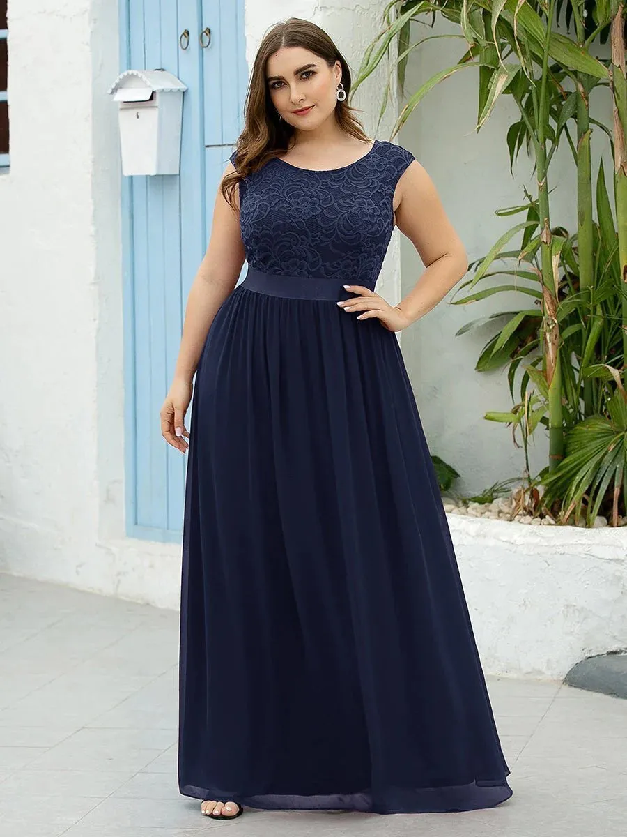 Scoop Neckline Low Back Lace Plus Size Evening Dress