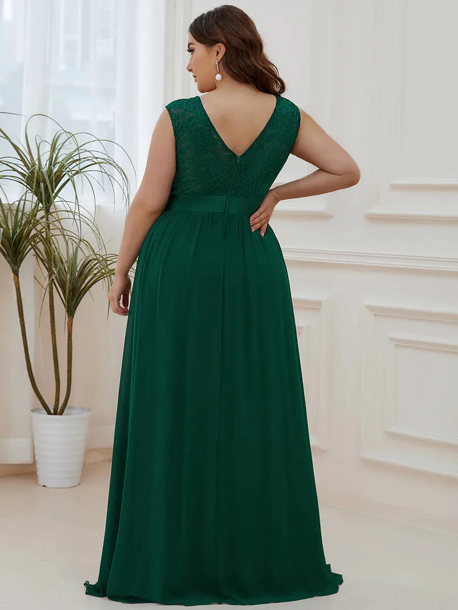 Scoop Neckline Low Back Lace Plus Size Evening Dress