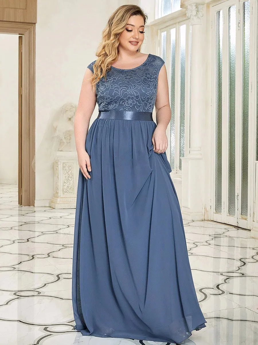 Scoop Neckline Low Back Lace Plus Size Evening Dress