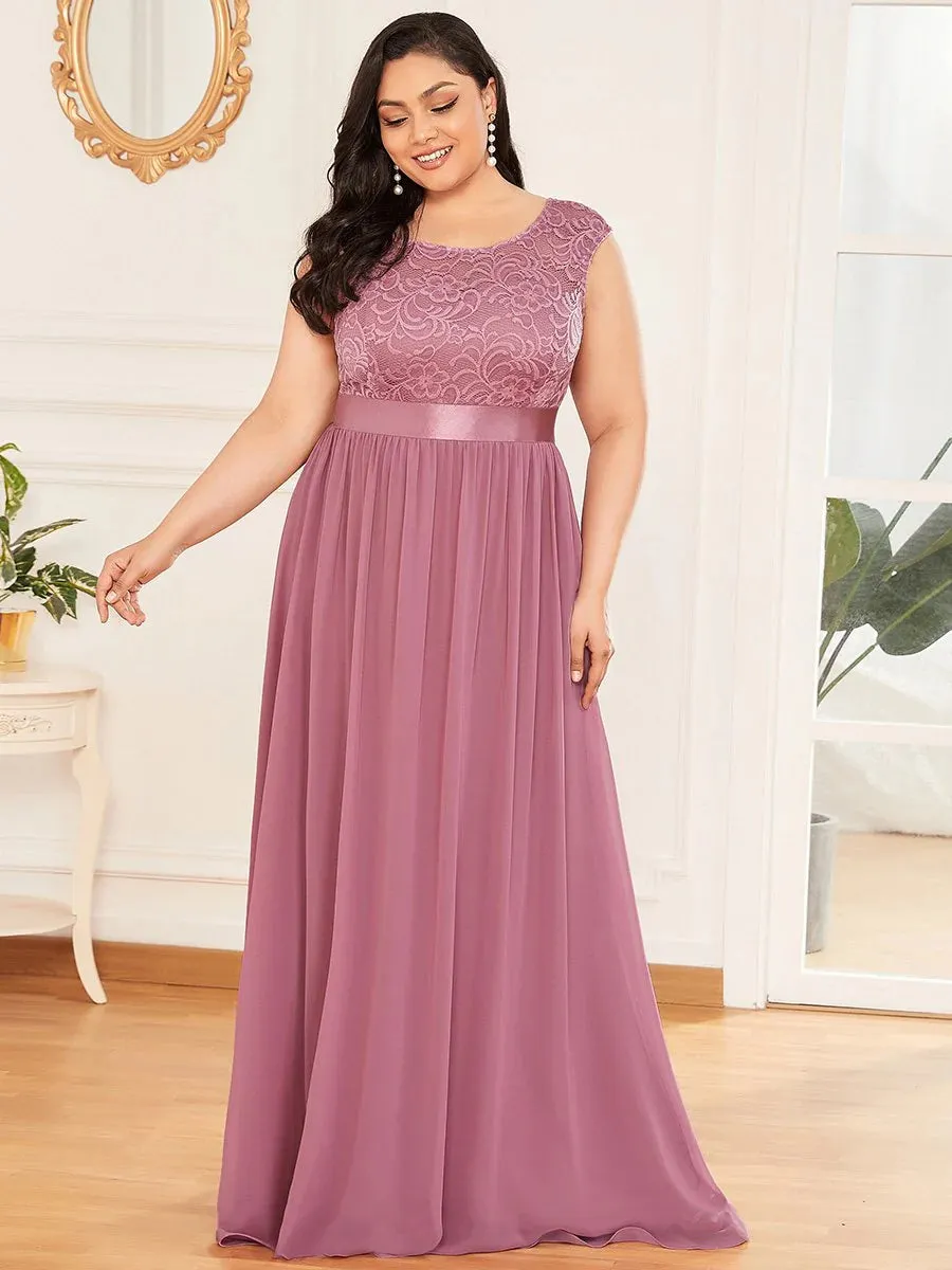 Scoop Neckline Low Back Lace Plus Size Evening Dress