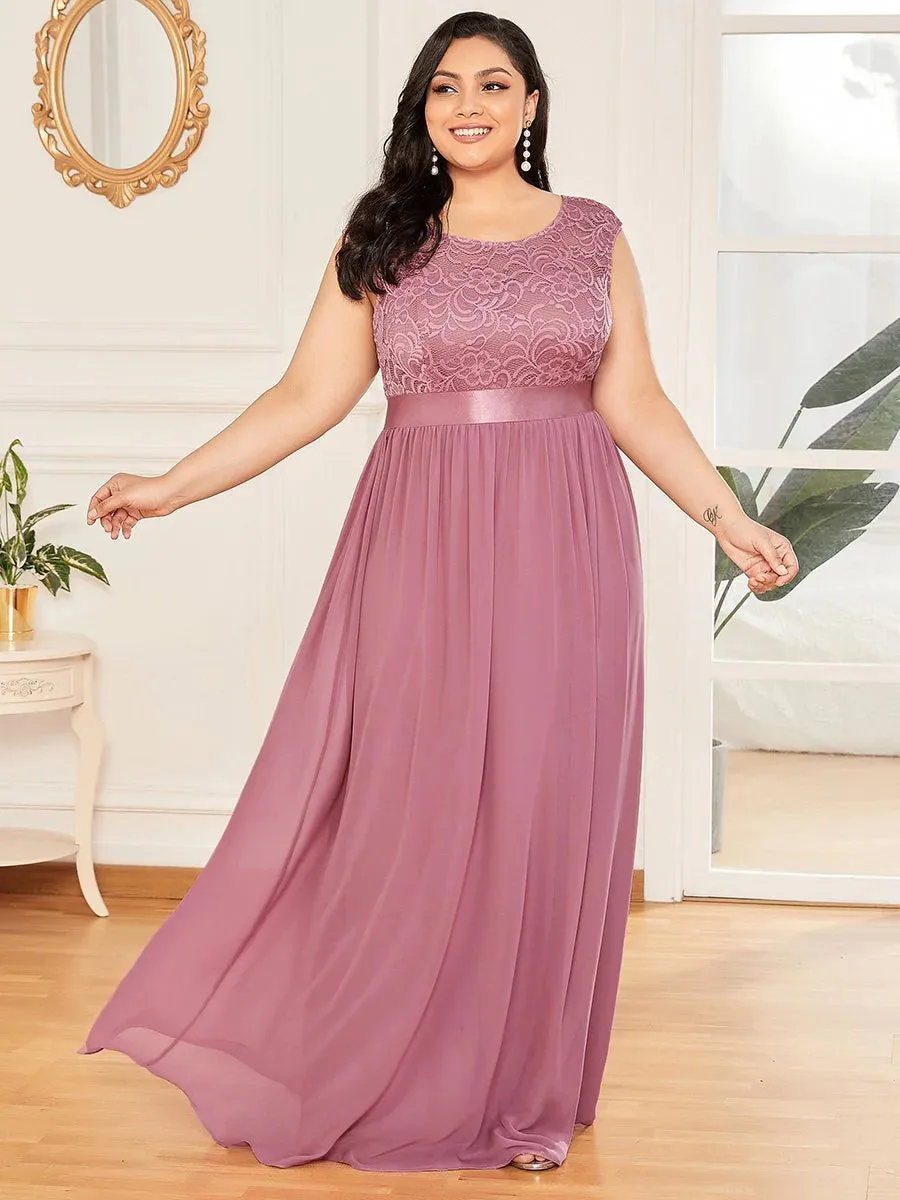 Scoop Neckline Low Back Lace Plus Size Evening Dress