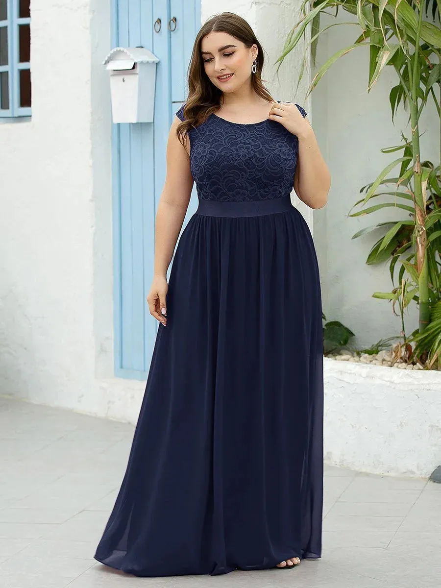 Scoop Neckline Low Back Lace Plus Size Evening Dress