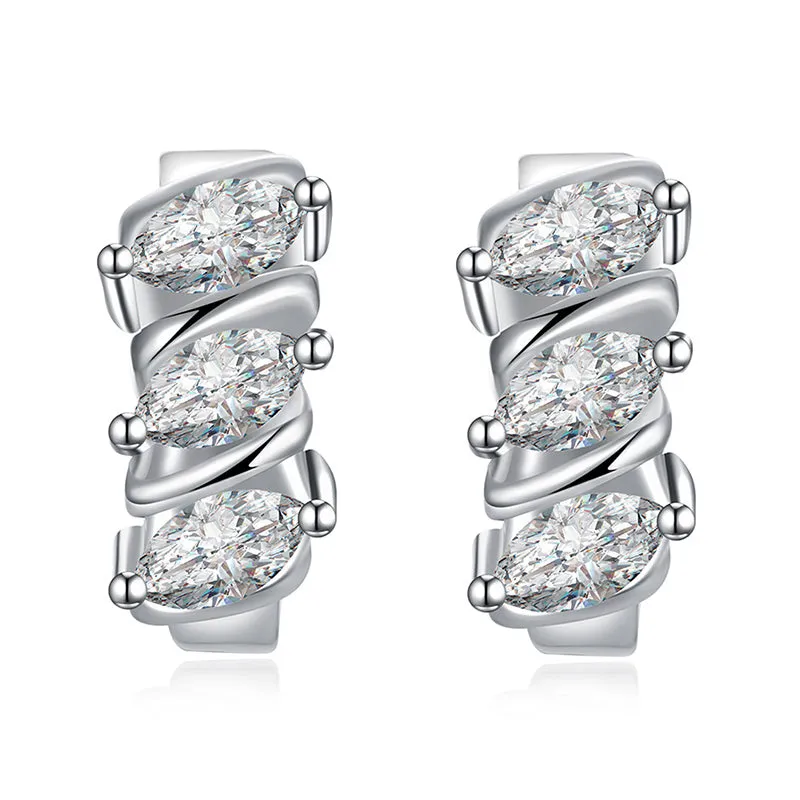 Small Silver Leaf CZ Crystal Huggie Hoop Earrings