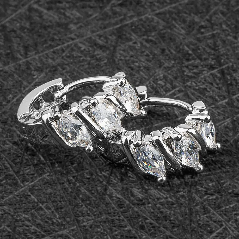 Small Silver Leaf CZ Crystal Huggie Hoop Earrings