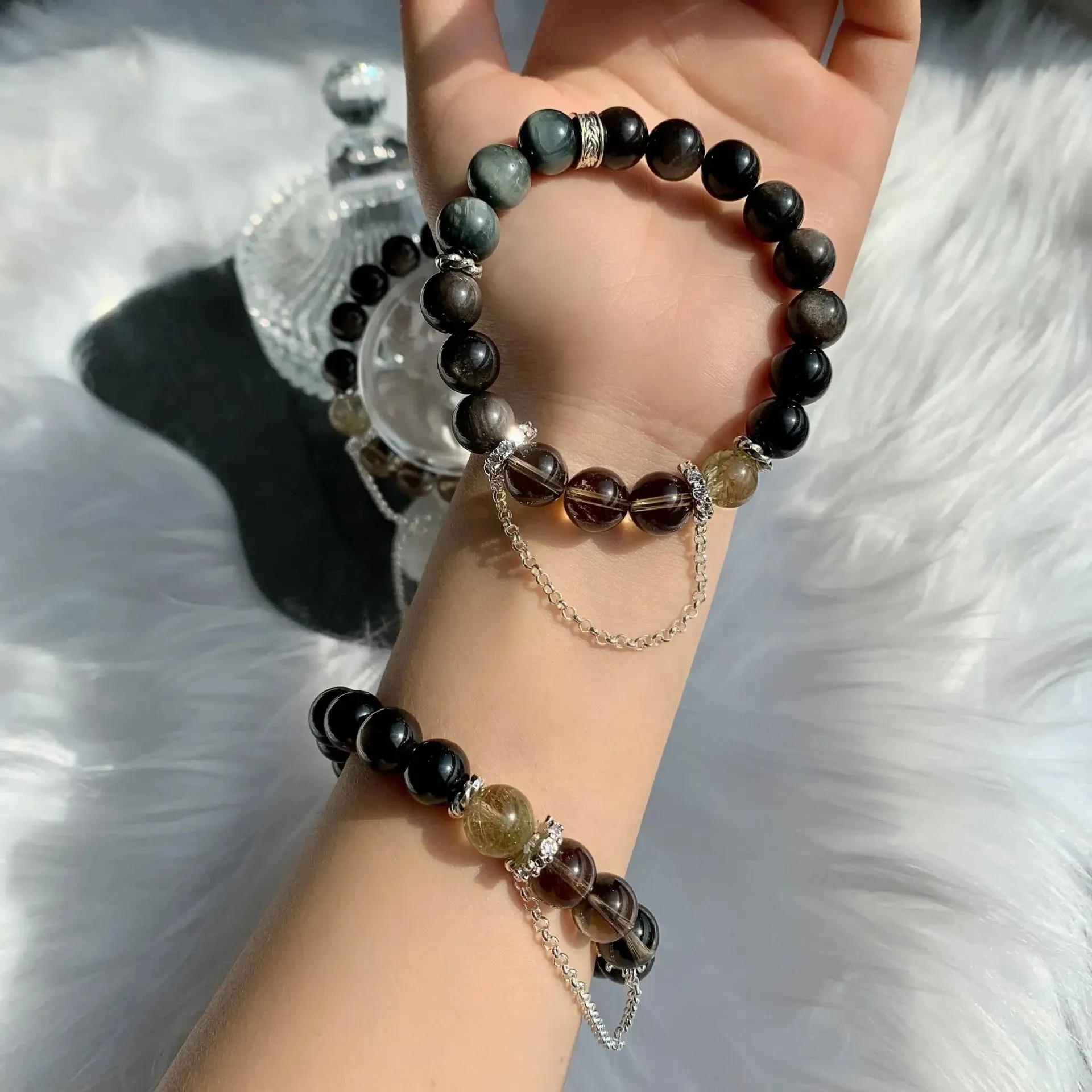 Smoky Quartz & Silver Obsidian Eagle Eye Bracelet