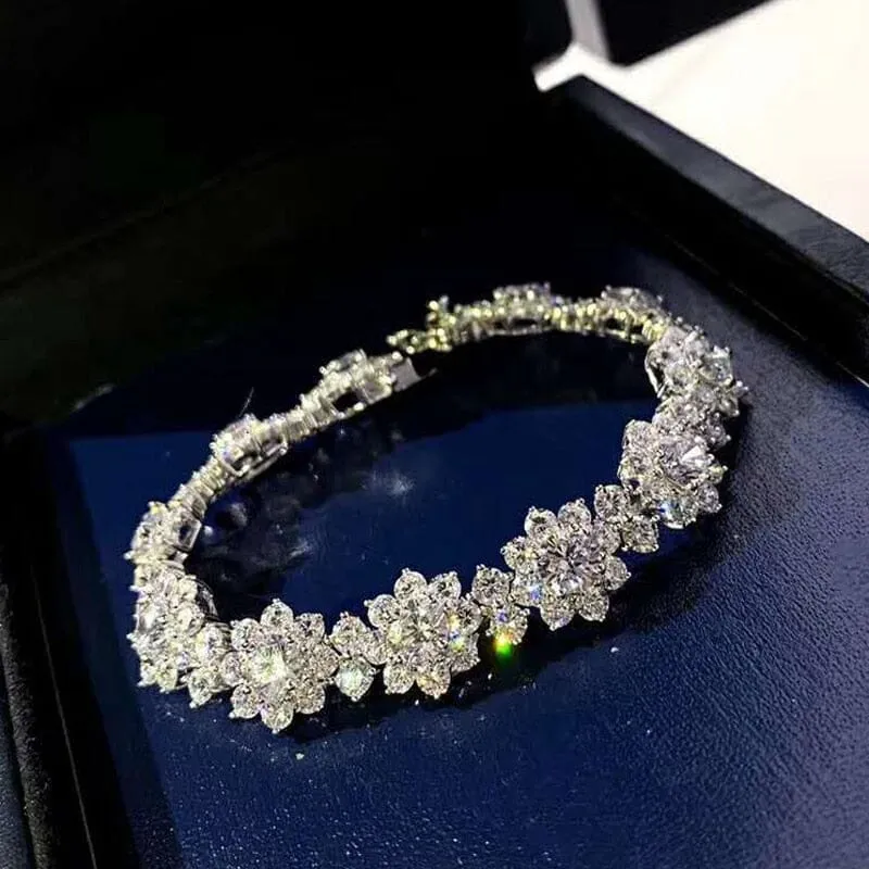 Sparkling Carbon Diamond Flowers Bracelet - 925 Sterling Silver