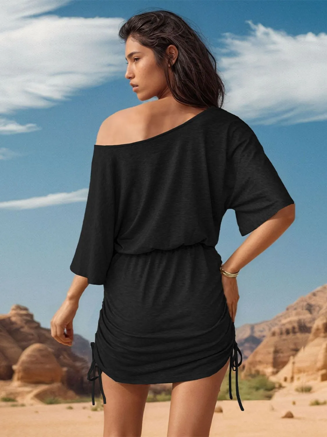 Sunset and Swim  Drawstring One Shoulder Three-Quarter Sleeve Mini Dress