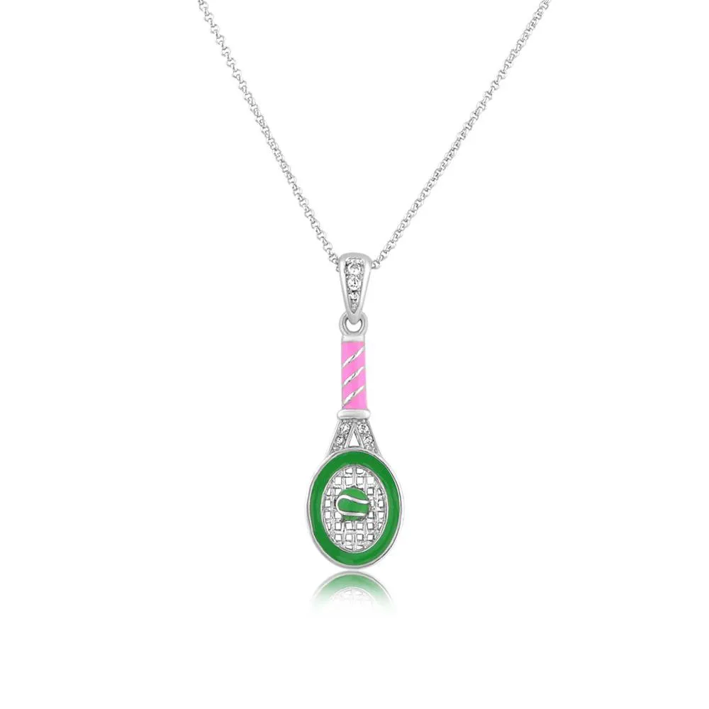 Tennis Racket Crystal Enamel White Gold Palladium Girl's Pendant Necklace