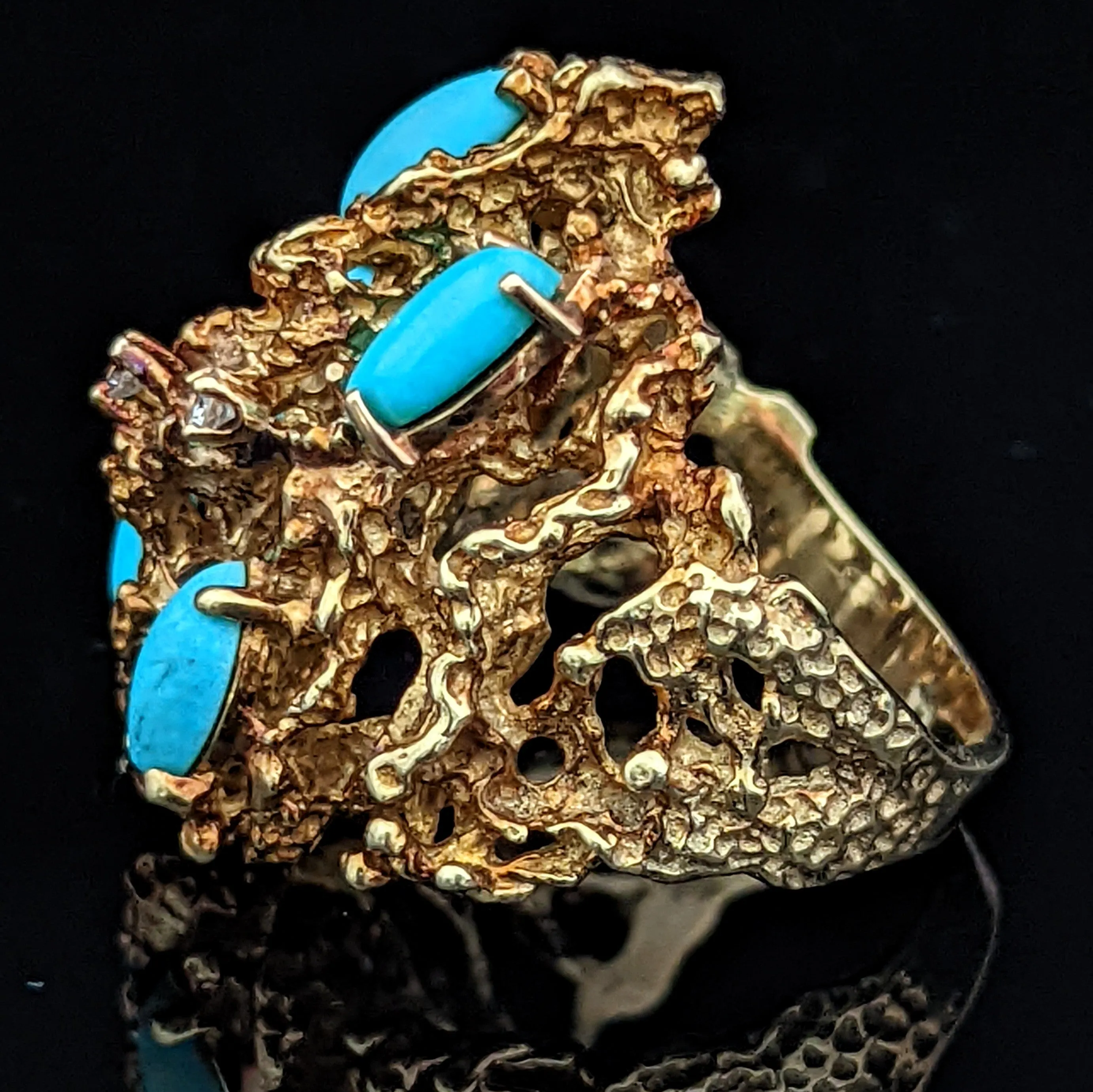 The Brussels - Diamond Turquoise 14k Gold Modernistic Cocktail Ring 1970s