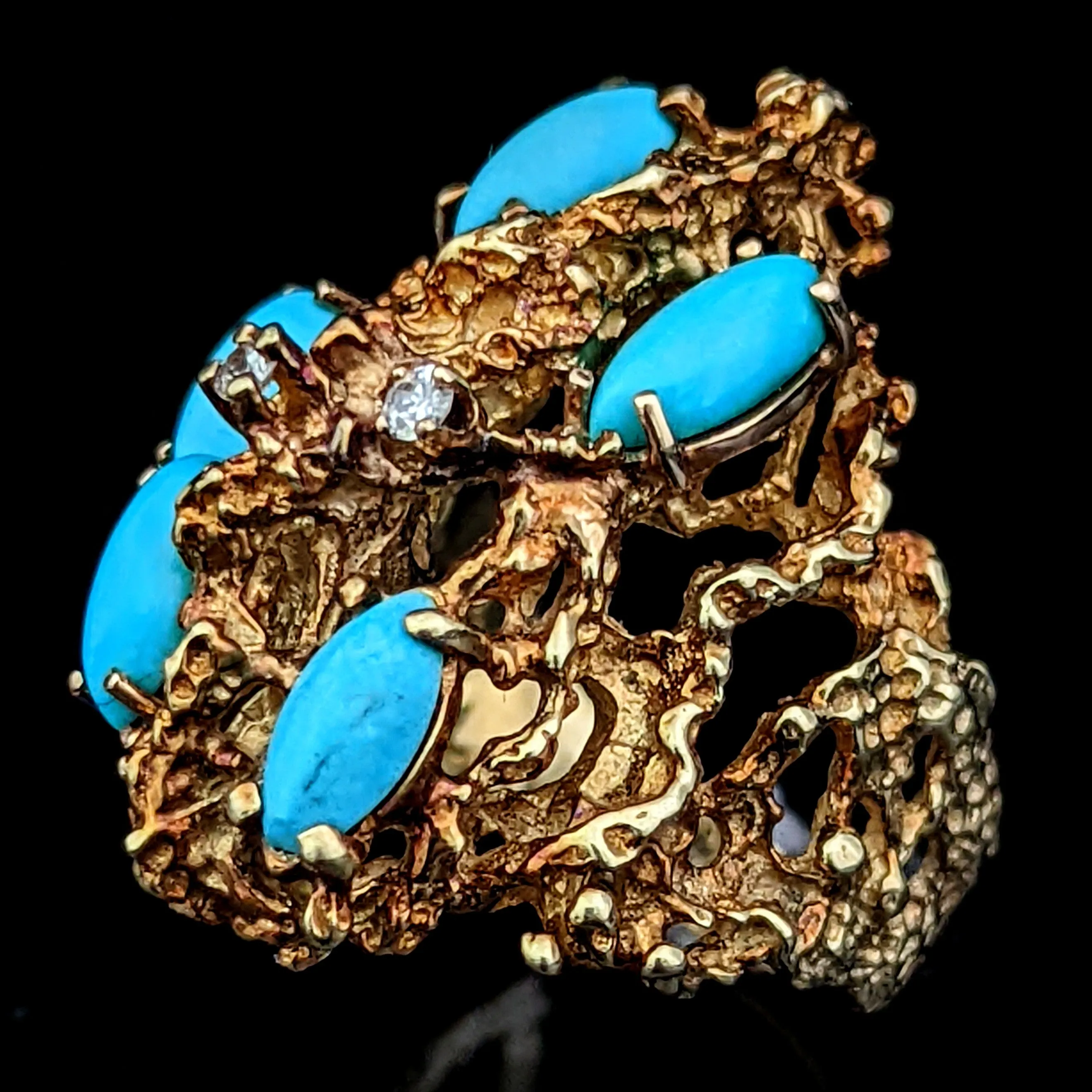 The Brussels - Diamond Turquoise 14k Gold Modernistic Cocktail Ring 1970s