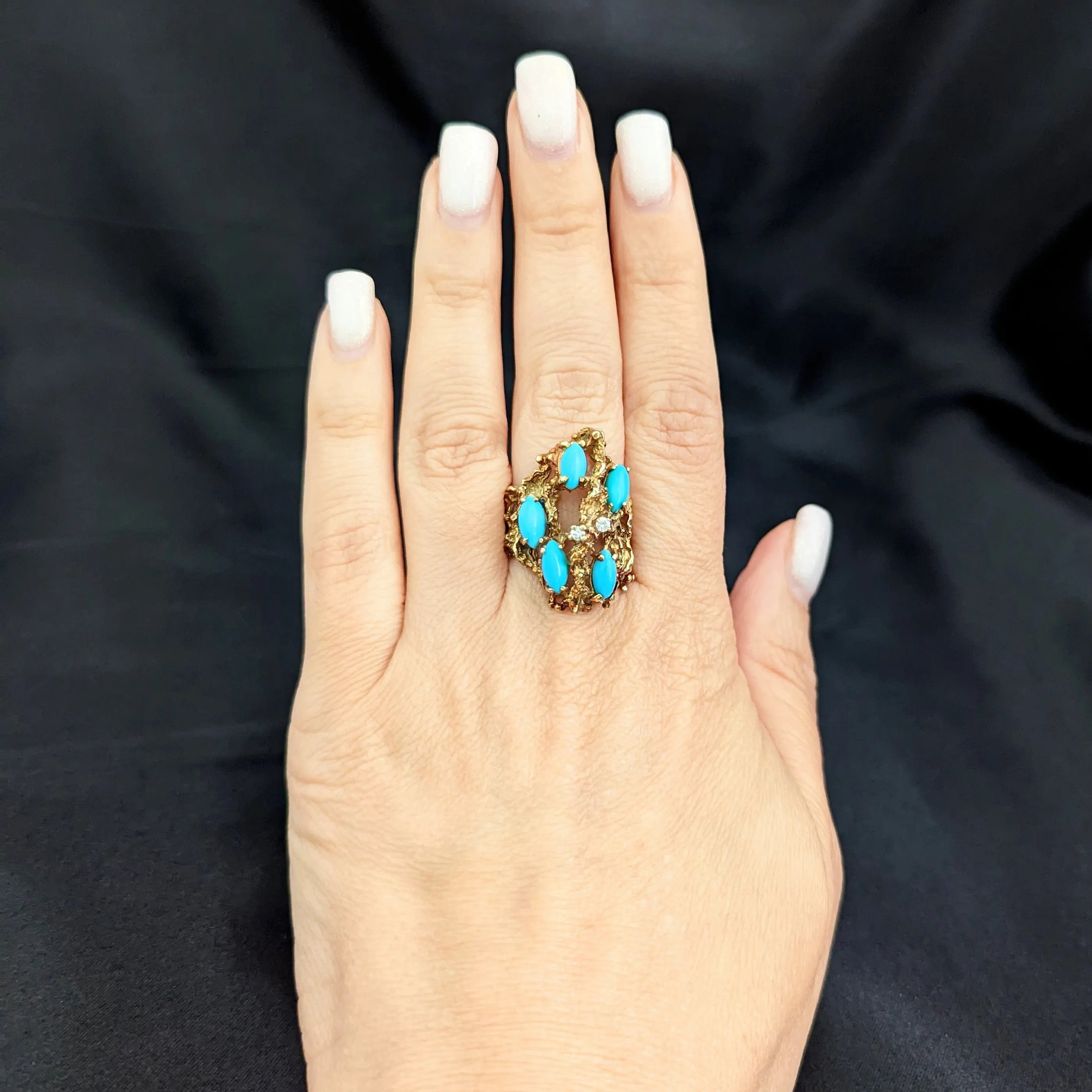 The Brussels - Diamond Turquoise 14k Gold Modernistic Cocktail Ring 1970s